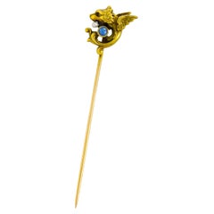 Art Nouveau Sapphire Seed Pearl 14 Karat Gold Winged Griffin Stickpin