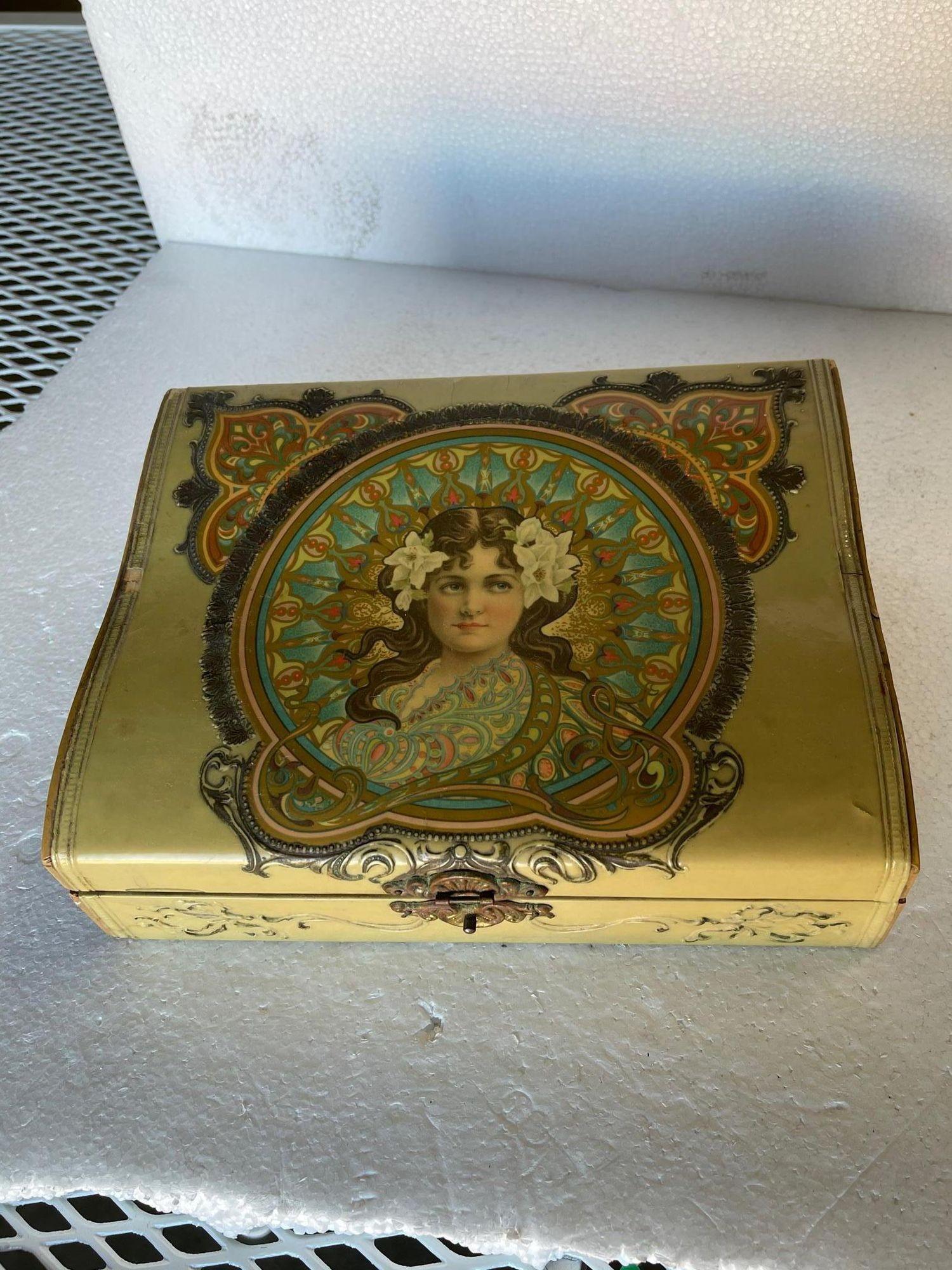 Early 20th Century Art Nouveau Satin Lined Jewelry Box with/ Portrait on Cover For Sale