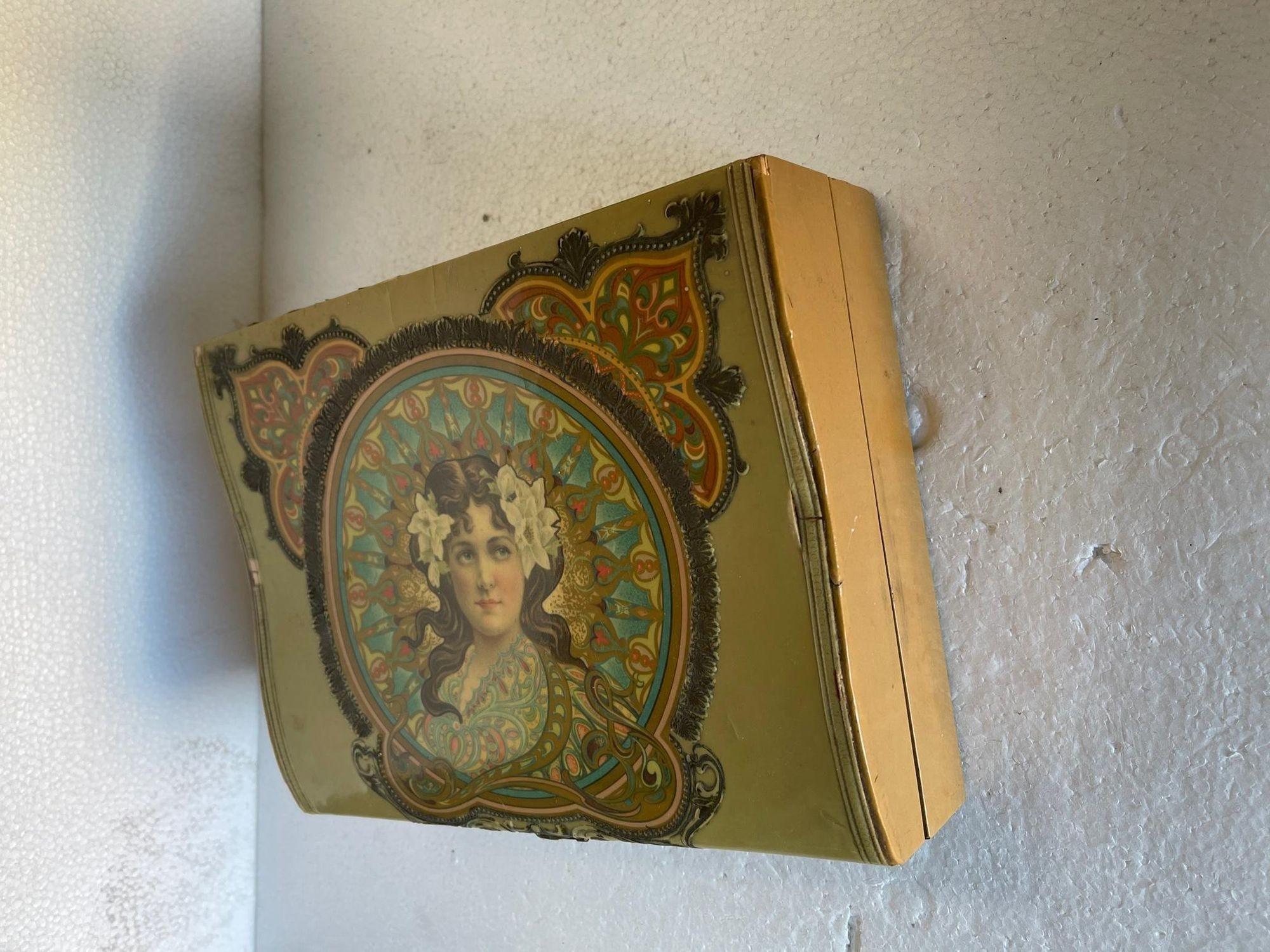 Wood Art Nouveau Satin Lined Jewelry Box with/ Portrait on Cover For Sale