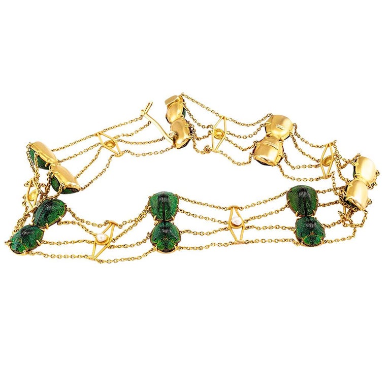 Art Nouveau Scarab Pearl Gold Collar at 1stDibs