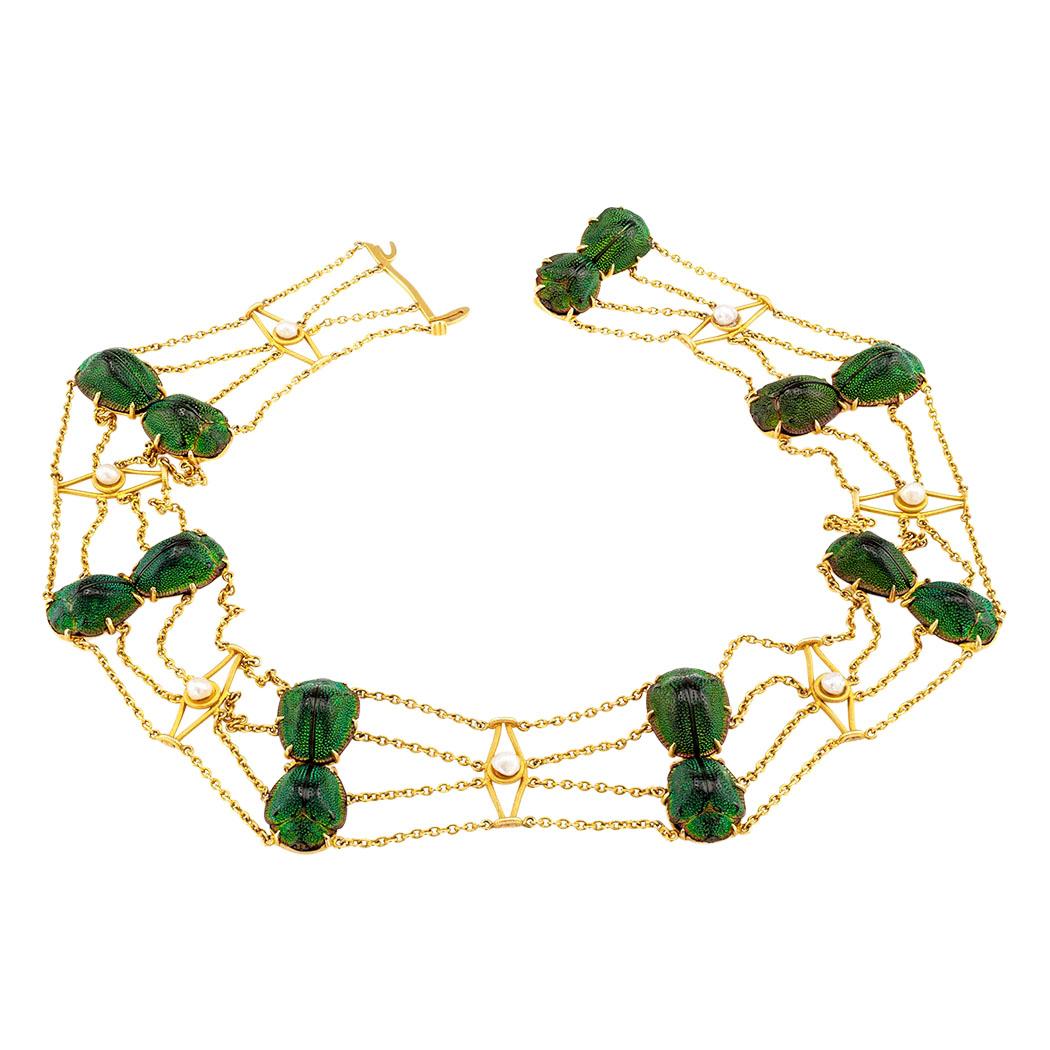 Women's Art Nouveau Scarab Pearl Gold Collar