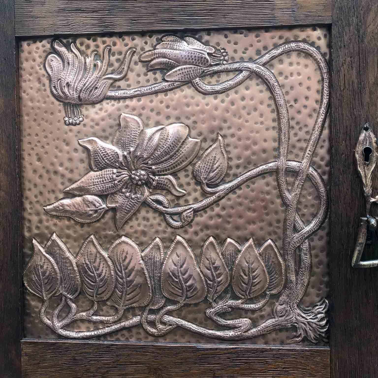 Art Nouveau Scottish Mackintosh Style Cabinet Carved Oak Floral Copper Panels 5