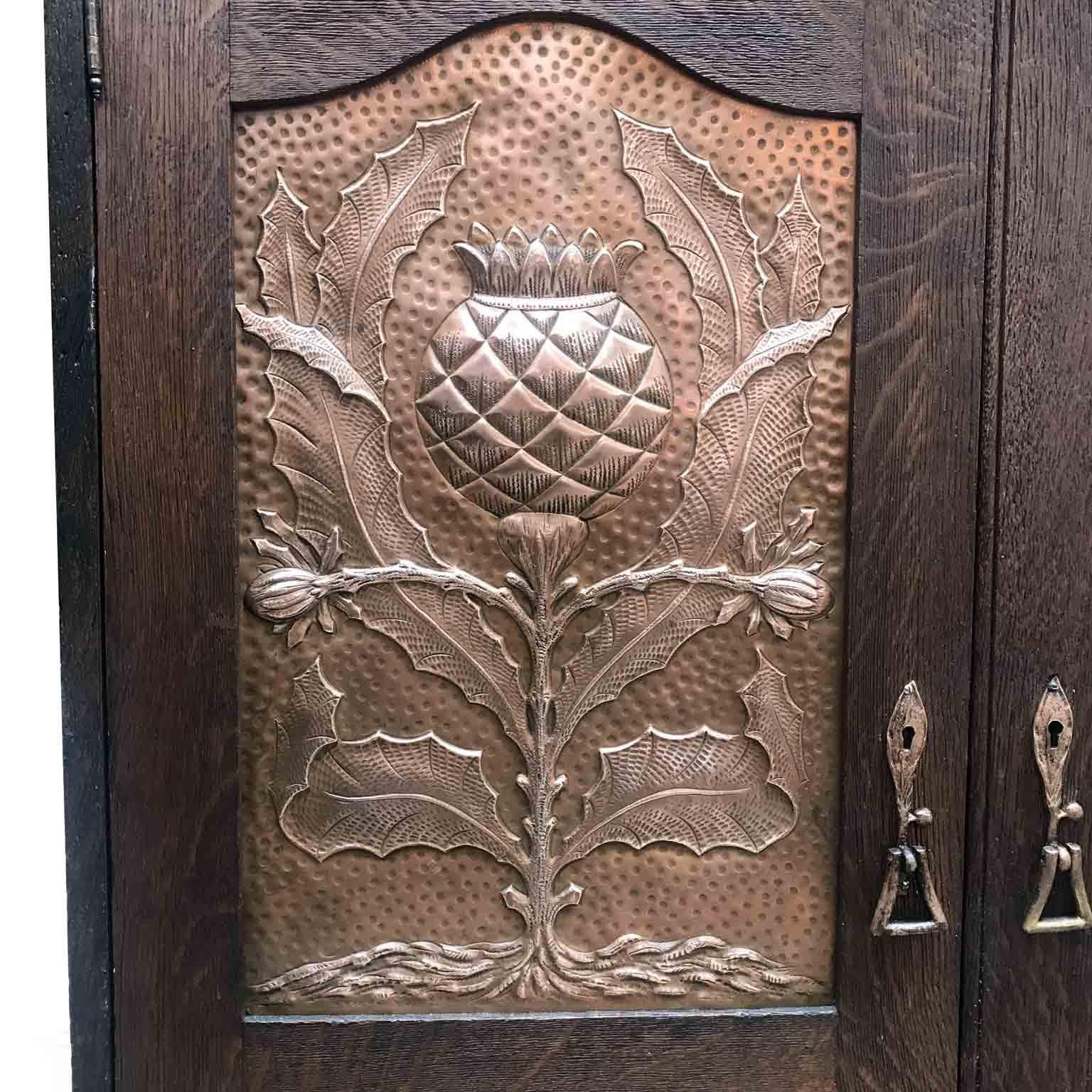Art Nouveau Scottish Mackintosh Style Cabinet Carved Oak Floral Copper Panels 6