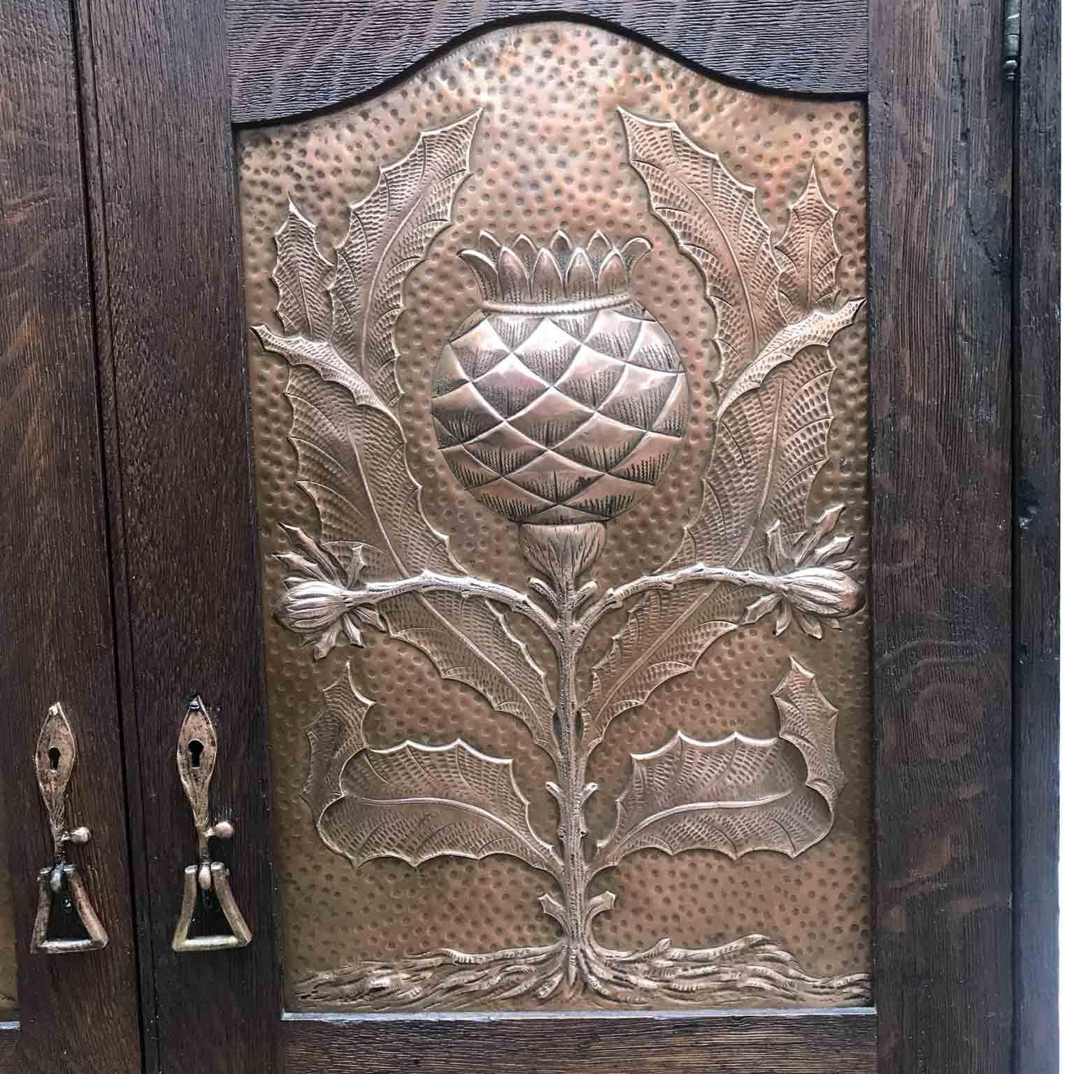 Art Nouveau Scottish Mackintosh Style Cabinet Carved Oak Floral Copper Panels 7