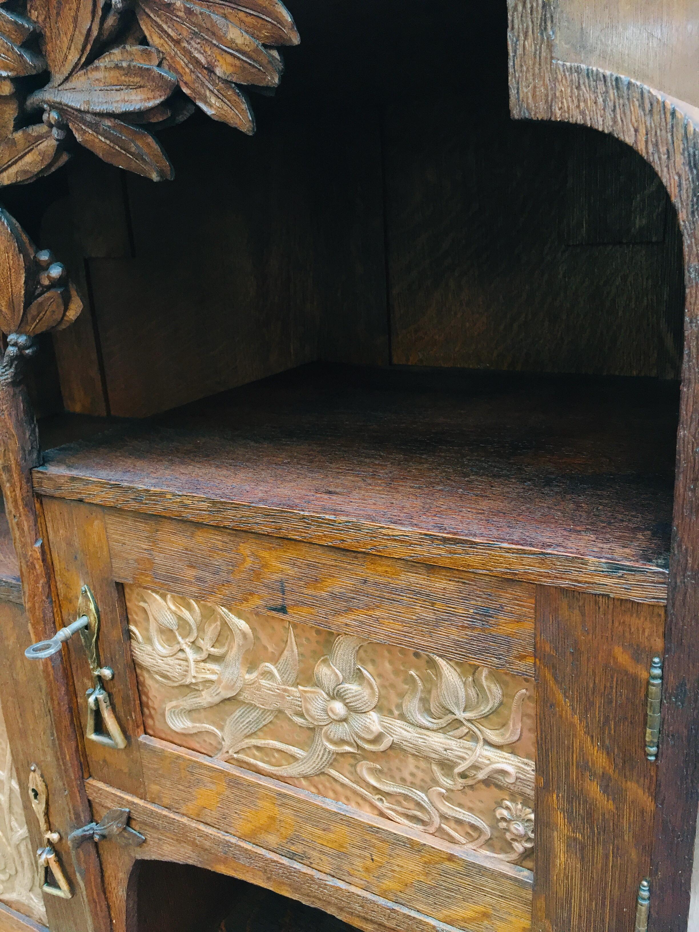 Art Nouveau Scottish Mackintosh Style Cabinet Carved Oak Floral Copper Panels 8