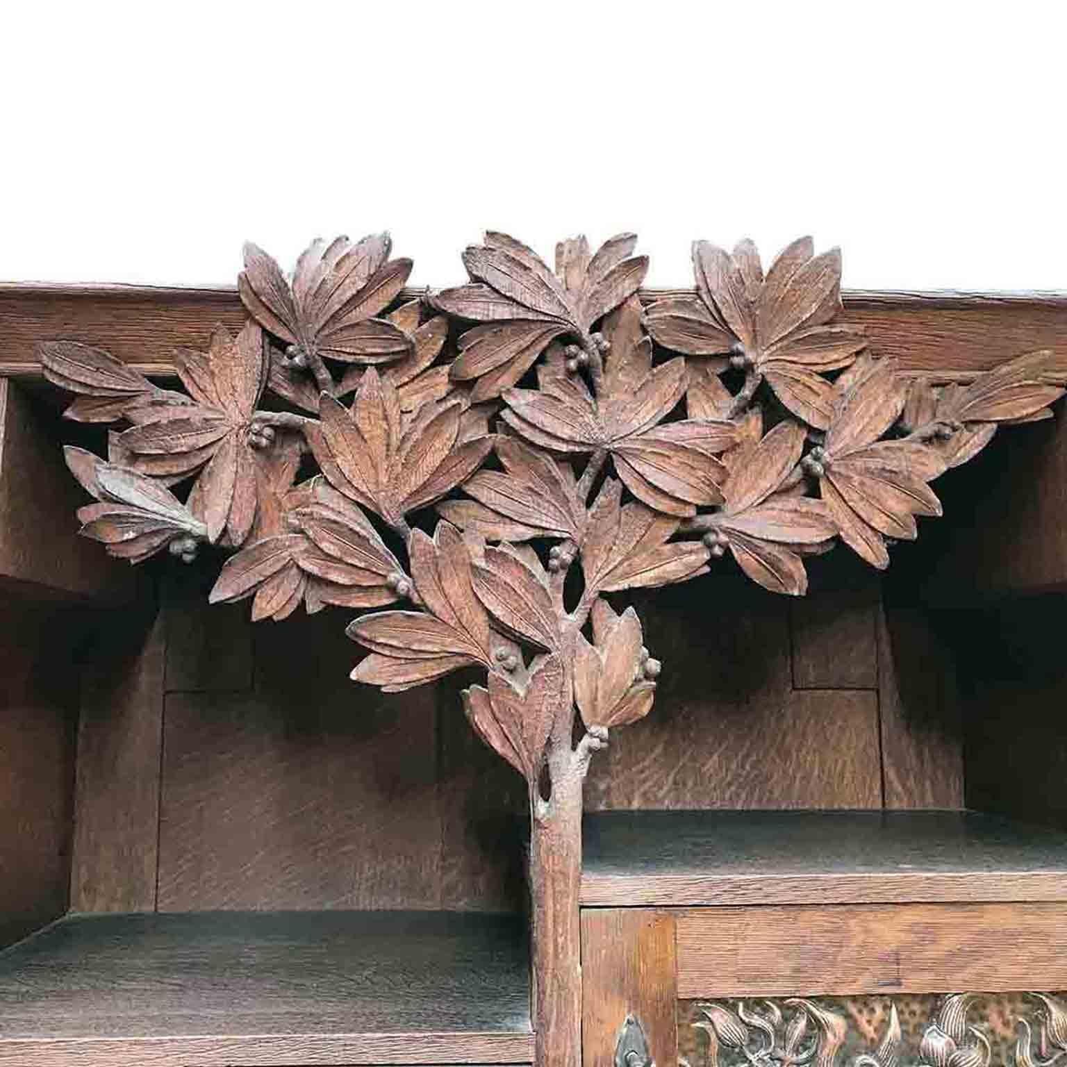 20th Century Art Nouveau Scottish Mackintosh Style Cabinet Carved Oak Floral Copper Panels