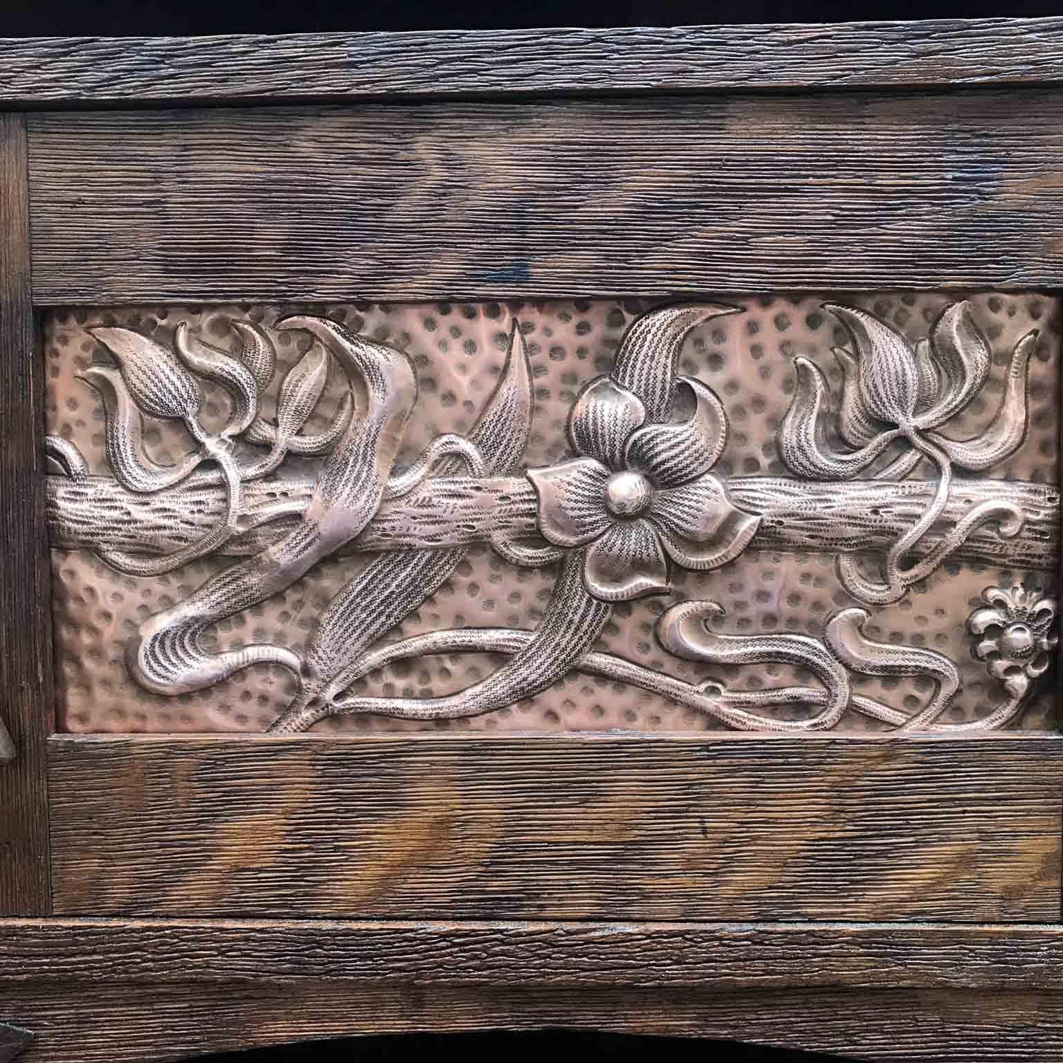 Art Nouveau Scottish Mackintosh Style Cabinet Carved Oak Floral Copper Panels 4