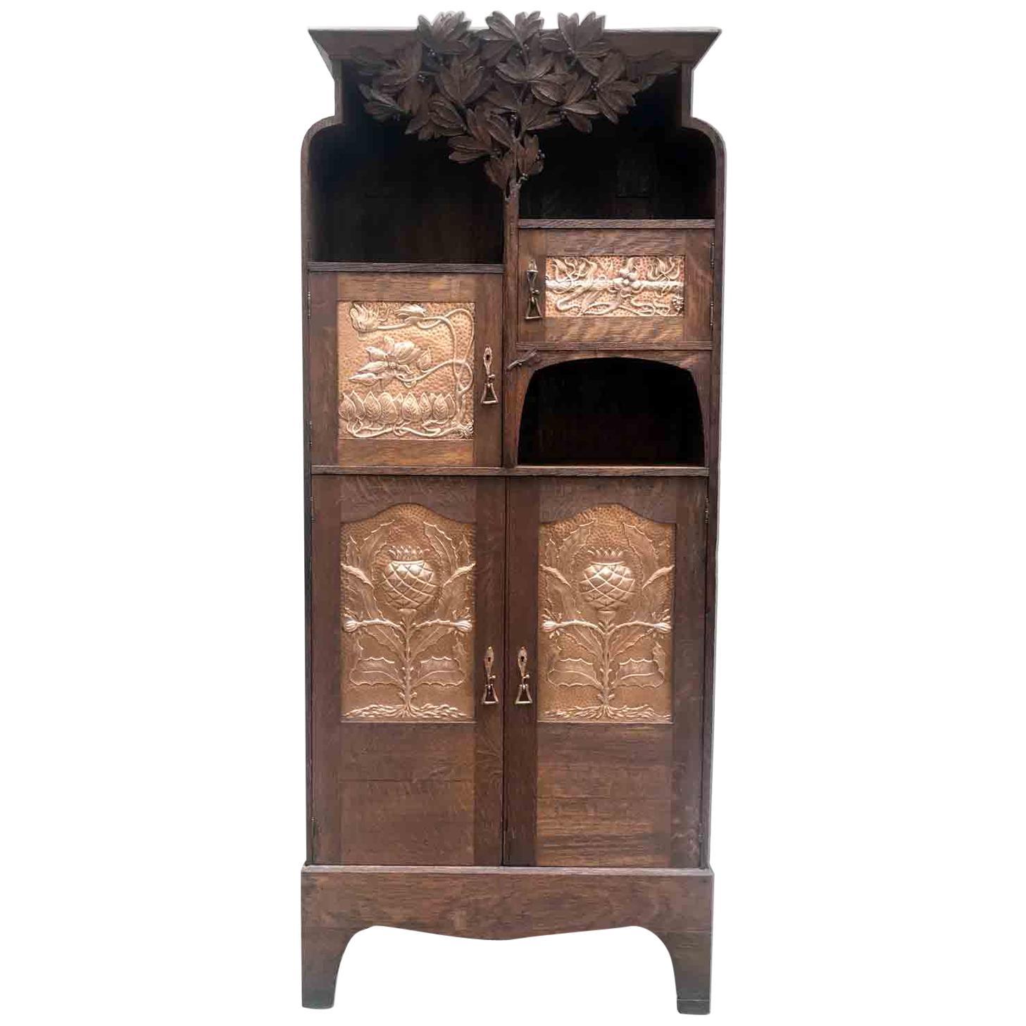 Art Nouveau Scottish Mackintosh Style Cabinet Carved Oak Floral Copper Panels