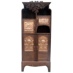 Art Nouveau Scottish Mackintosh Style Cabinet Carved Oak Floral Copper Panels