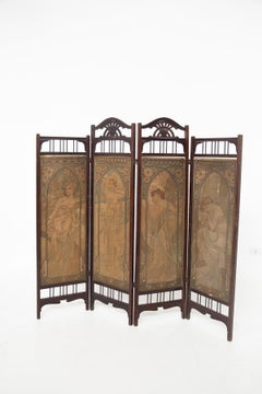 Paravento Art Nouveau, "Les Heures du jour" di Alphonse Mucha, Firmato