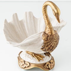 Art Nouveau Sculptural Swan Bowl in Crackle Glazed Porcelain and Gilt Metal