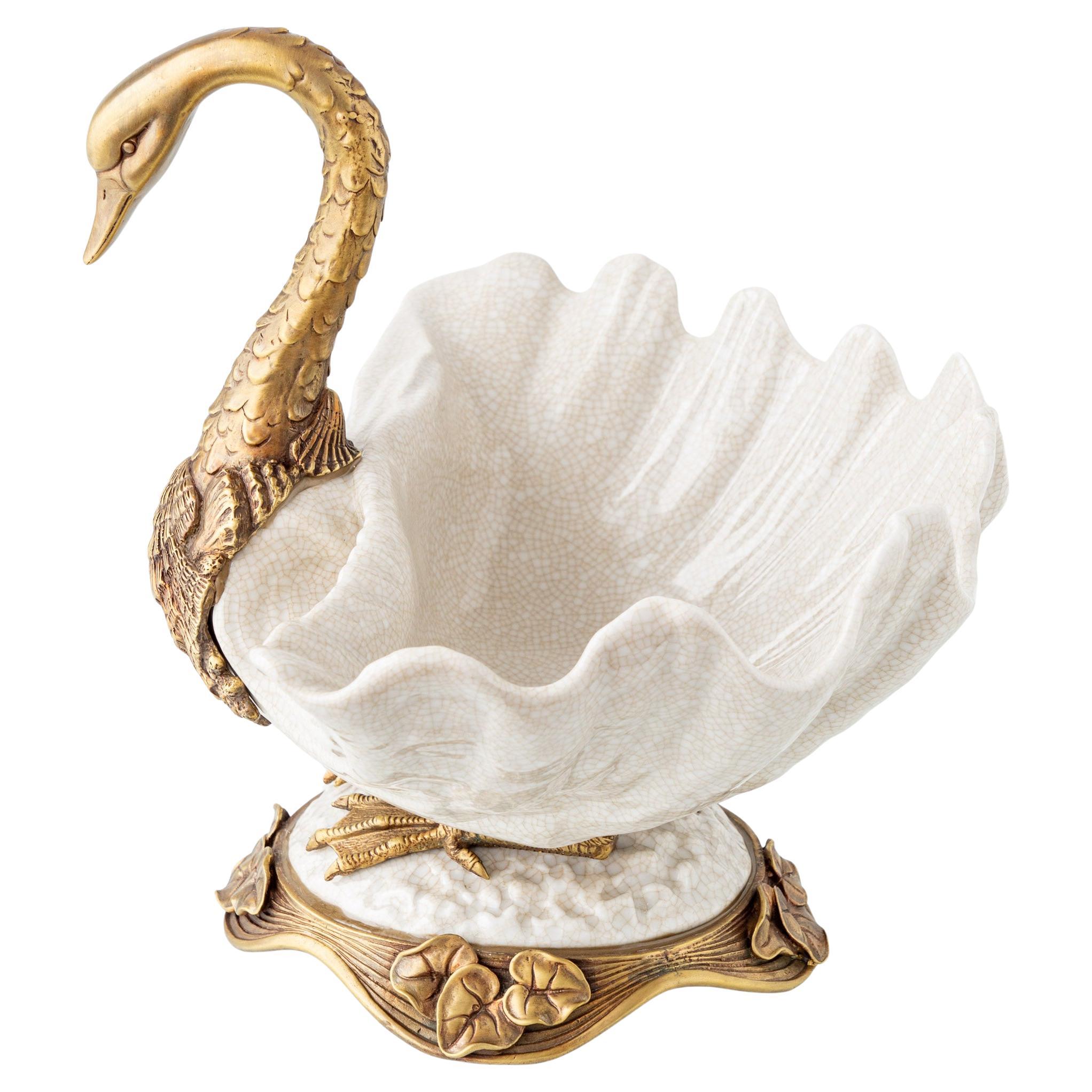 Art Nouveau Sculptural Swan Bowl in Crackle Glazed Porcelain and Gilt Metal