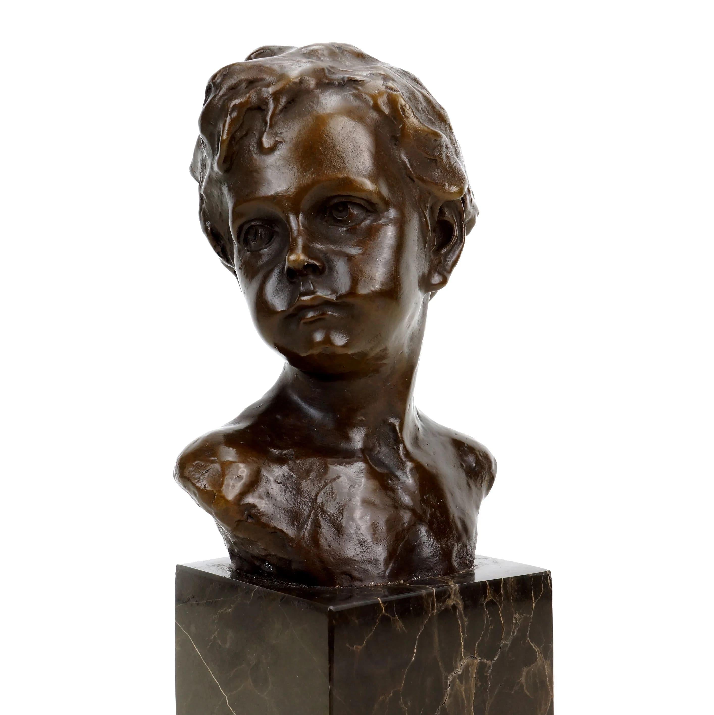 Art Nouveau Sculpture Bronze Figurine, Bust of a Boy, Signed A. Moreau For Sale 4