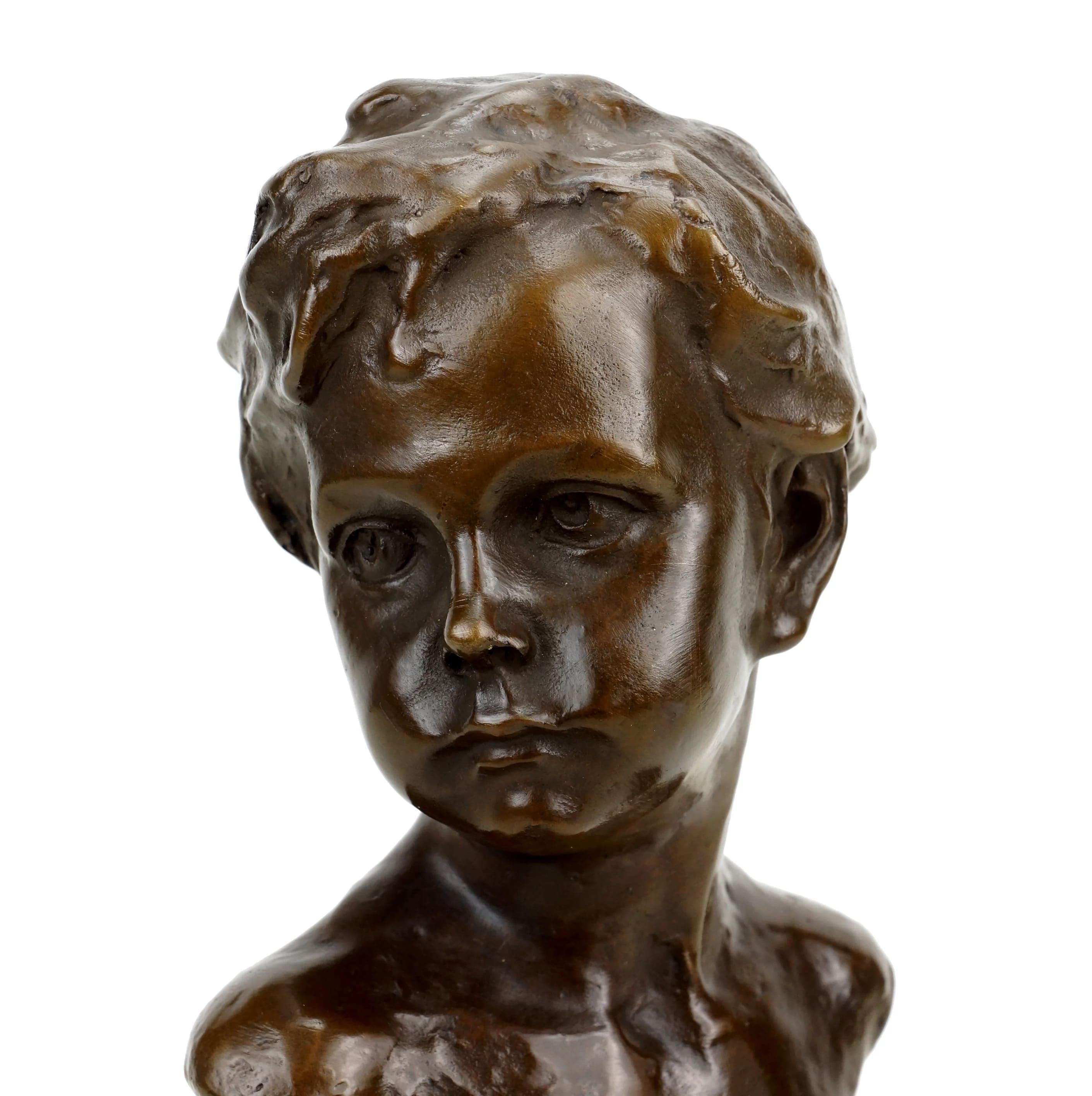 Art Nouveau Sculpture Bronze Figurine, Bust of a Boy, Signed A. Moreau For Sale 6