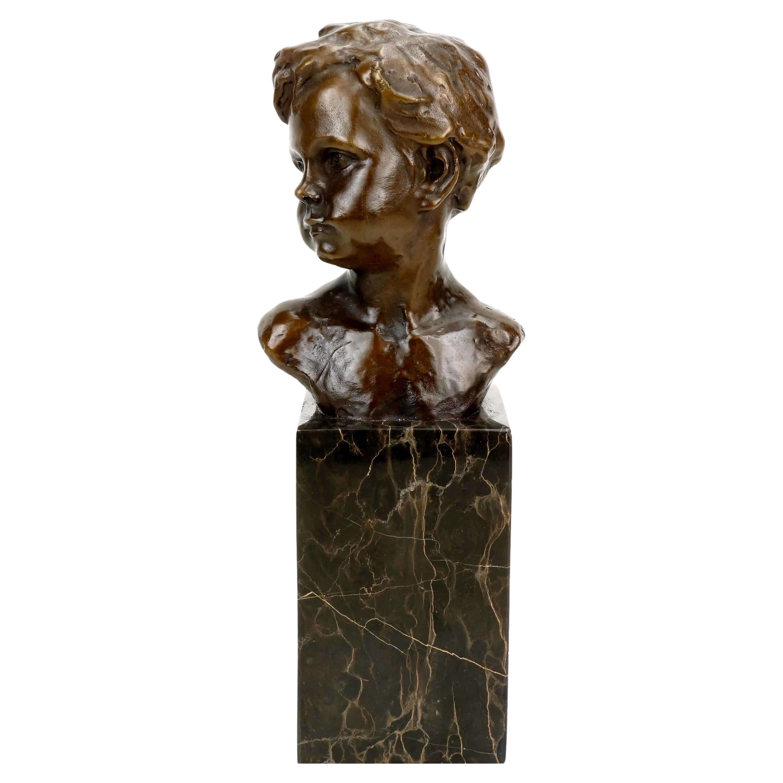 Art Nouveau Sculpture Bronze Figurine, Bust of a Boy, Signed A. Moreau For Sale