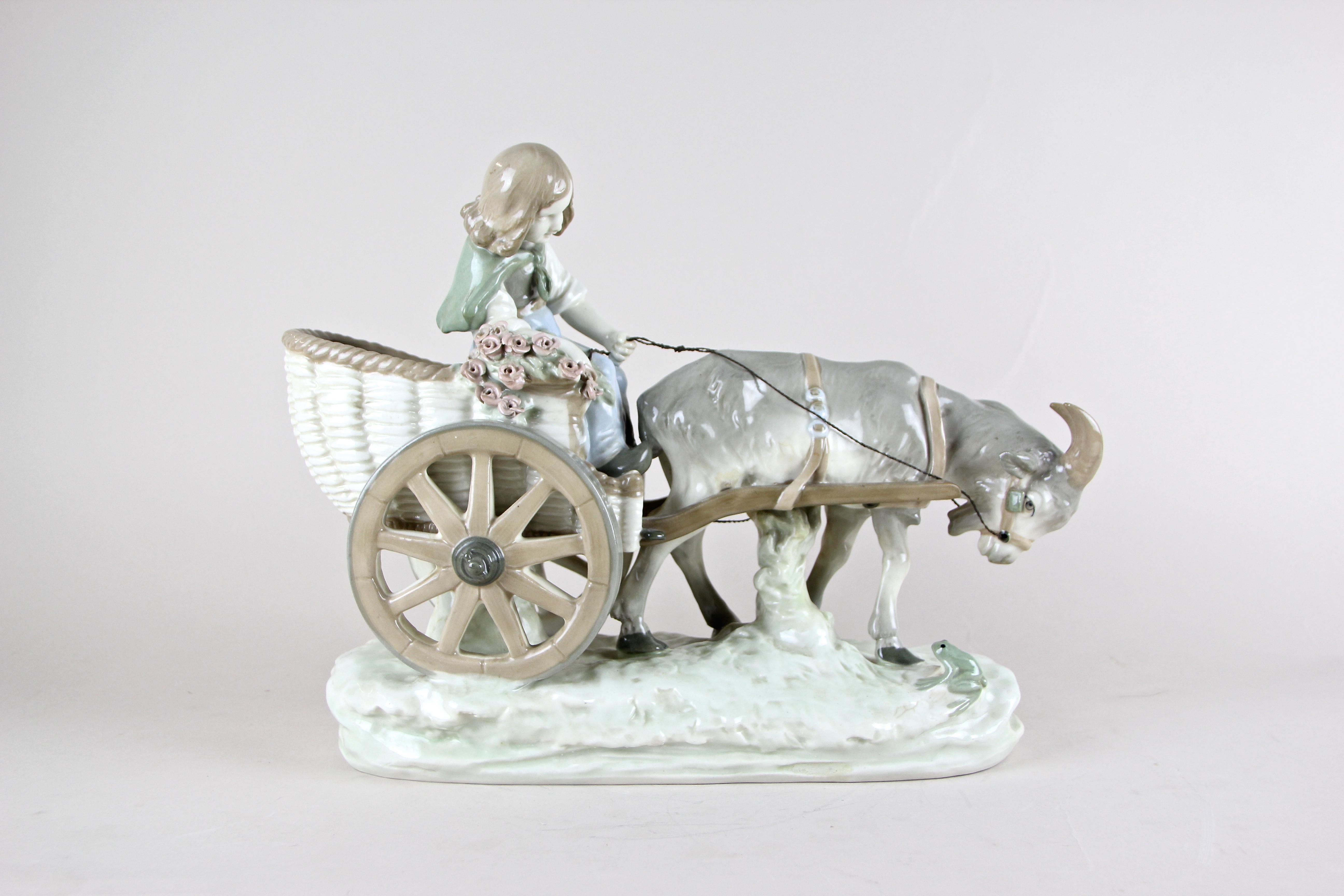 Charming Art Nouveau sculpture by Amphora Czechoslovakia from circa 1915 showing a young girl riding her little buckboard pulled by a Billy goat. A lot of beautiful details can be found within this fantastic figurative sculpture from Amphora: like