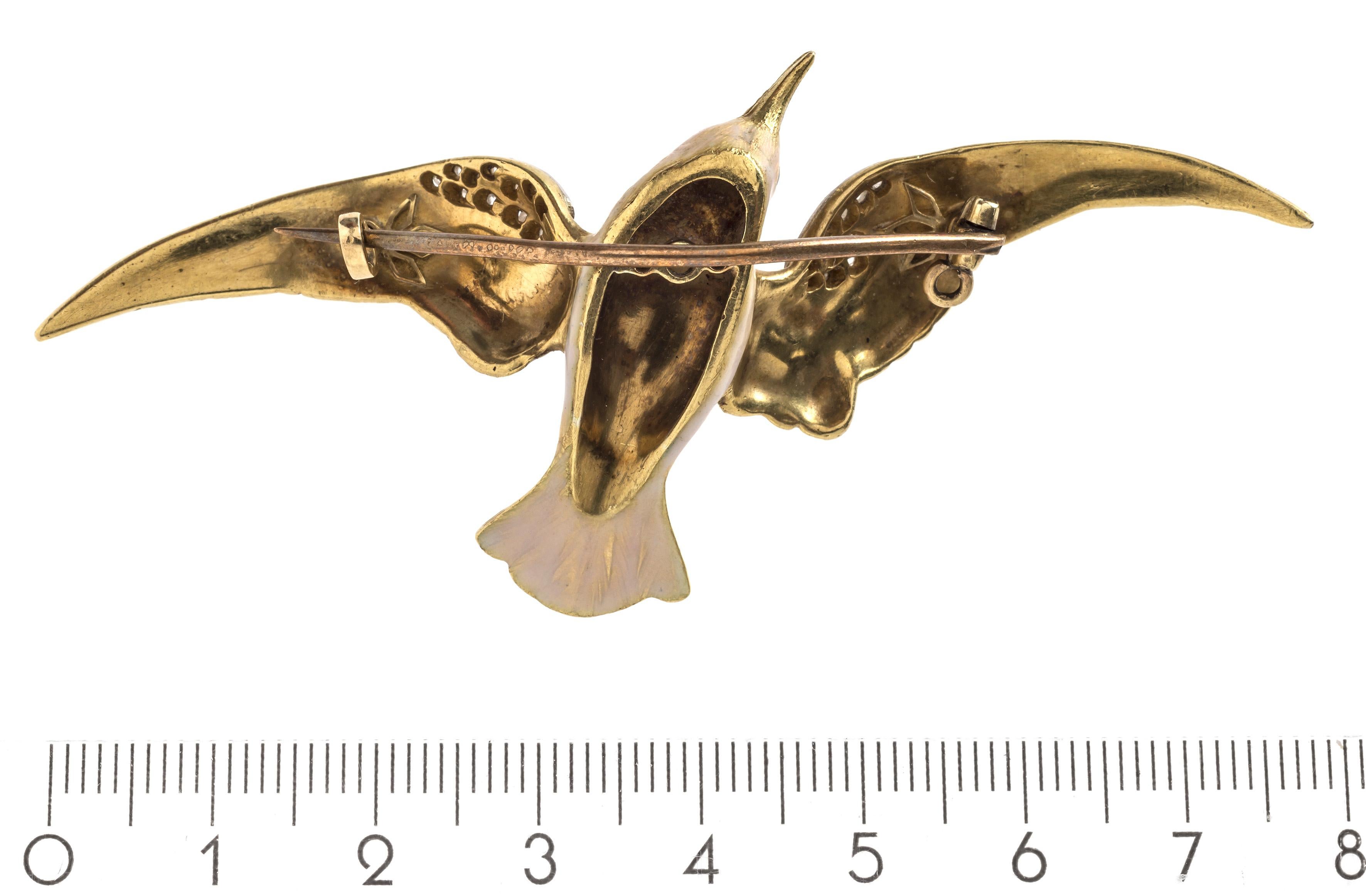 Rose Cut Art Nouveau Antique Seagull Diamond Enamel Gold Brooch France For Sale