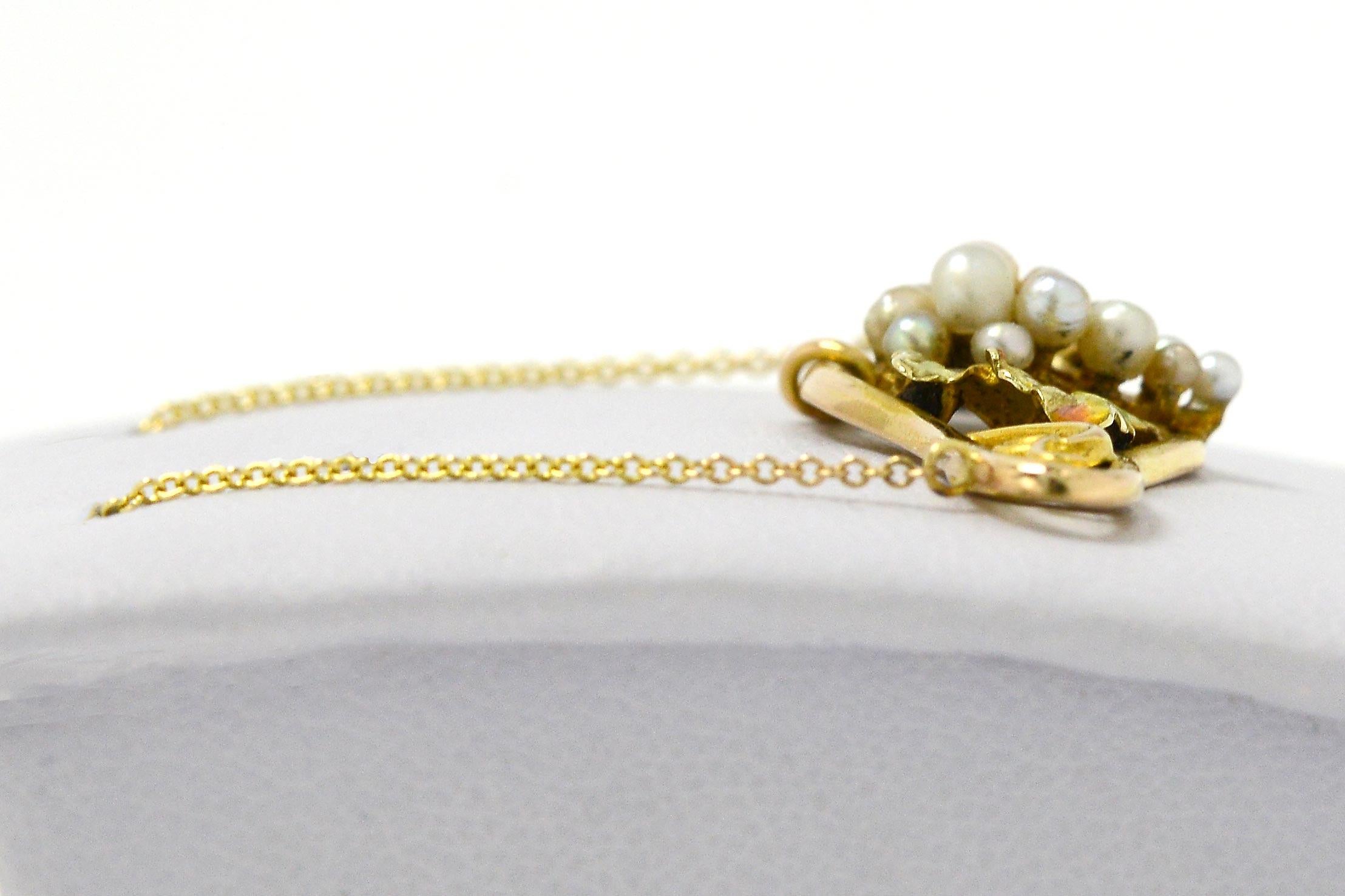 Round Cut Art Nouveau Seed Pearl Necklace Grape Cluster Enamel Antique Yellow Gold Bar