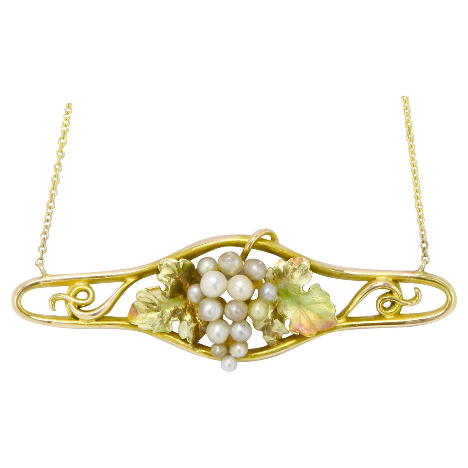 Art Nouveau Seed Pearl Necklace Grape Cluster Enamel Antique Yellow Gold Bar
