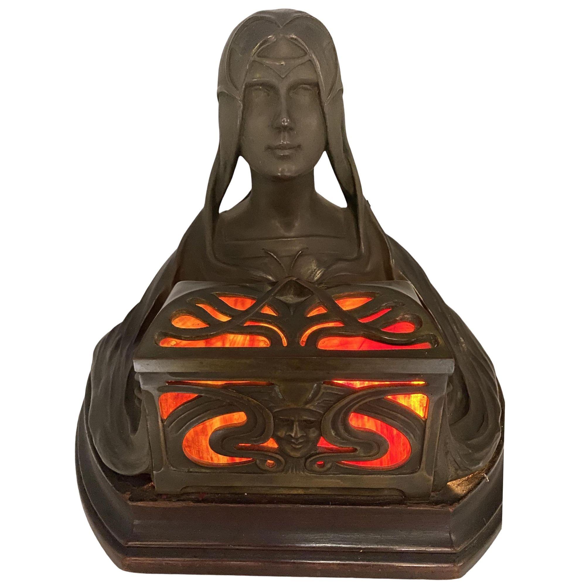 American Art Nouveau Self Illuminating Female Bust Bronze Sculpture by Micael Levy For Sale