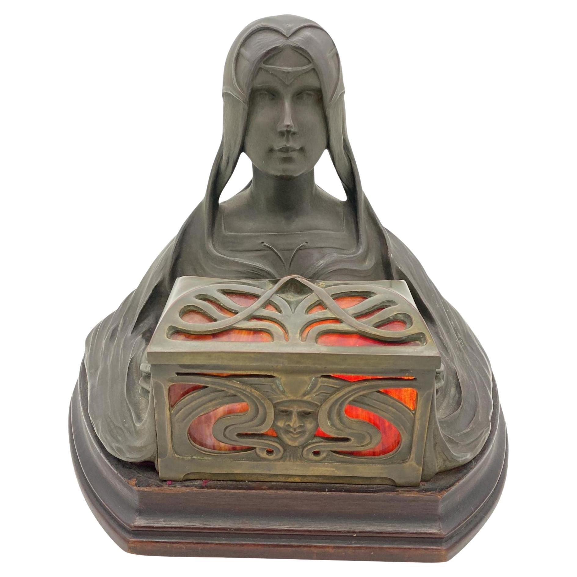 Art Nouveau Self Illuminating Female Bust Bronze Sculpture by Micael Levy For Sale