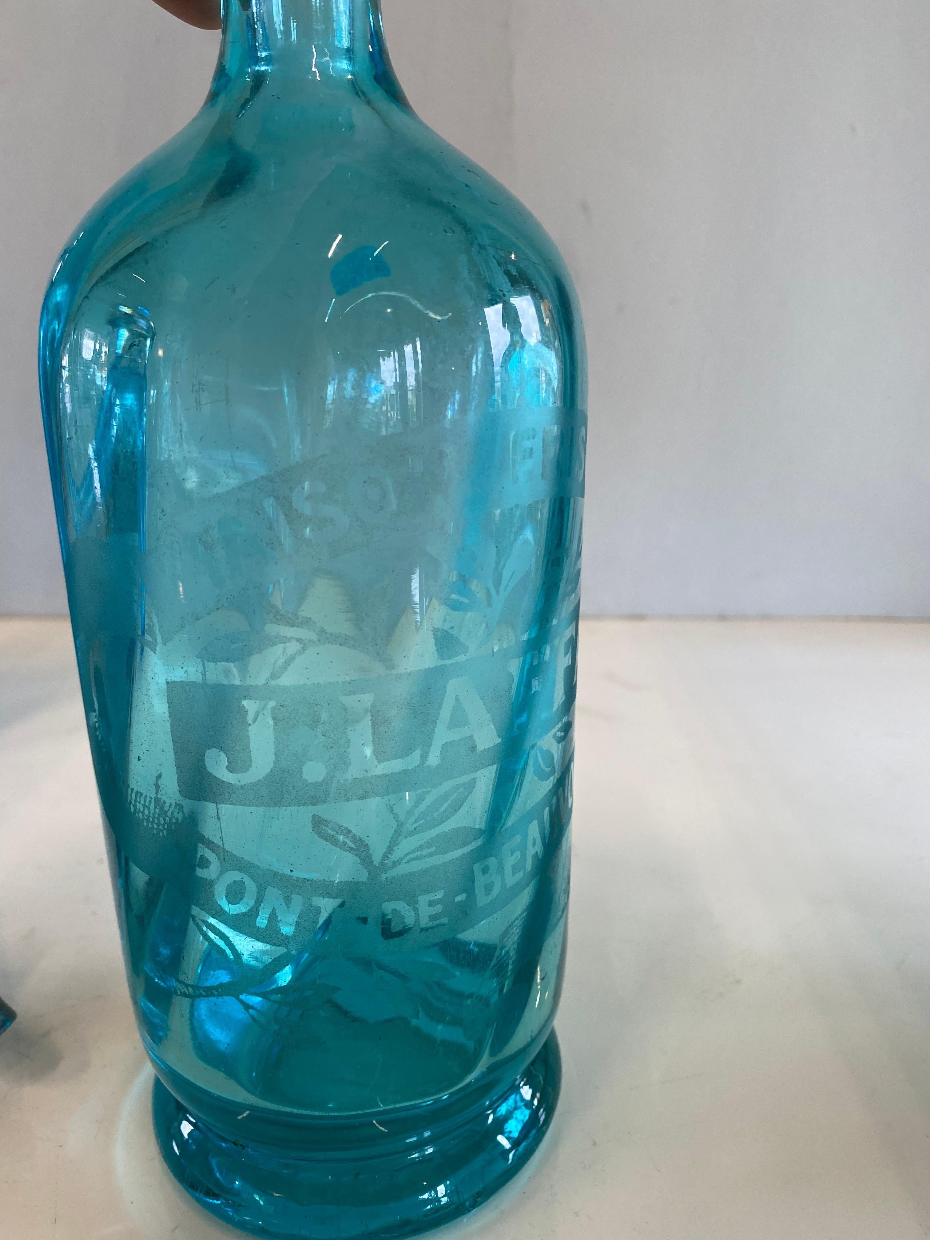 Art Nouveau Seltzer Soda Syphon Bottles Set, Blue Glass, Turquoise Glass For Sale 1