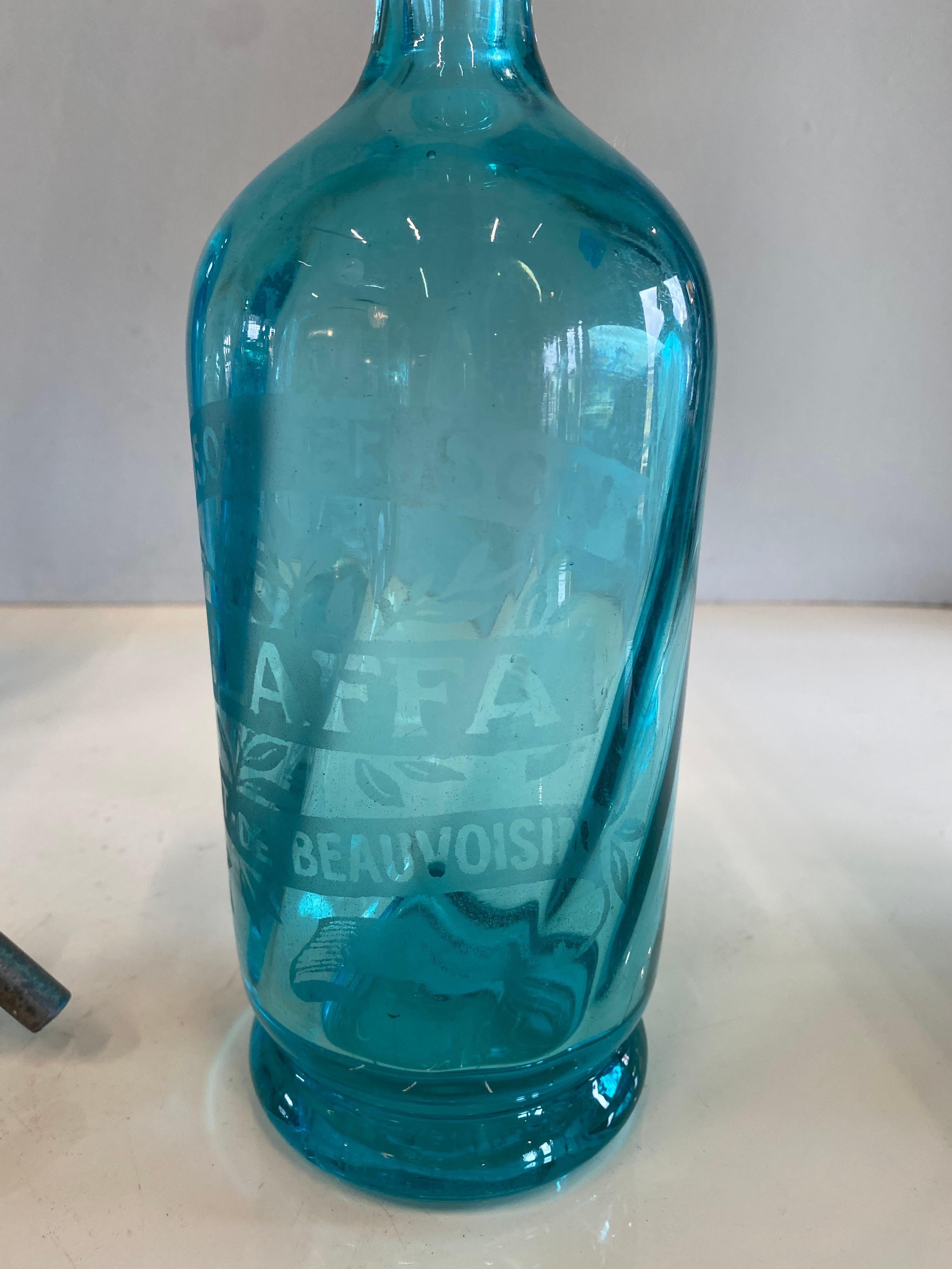 Art Nouveau Seltzer Soda Syphon Bottles Set, Blue Glass, Turquoise Glass For Sale 2