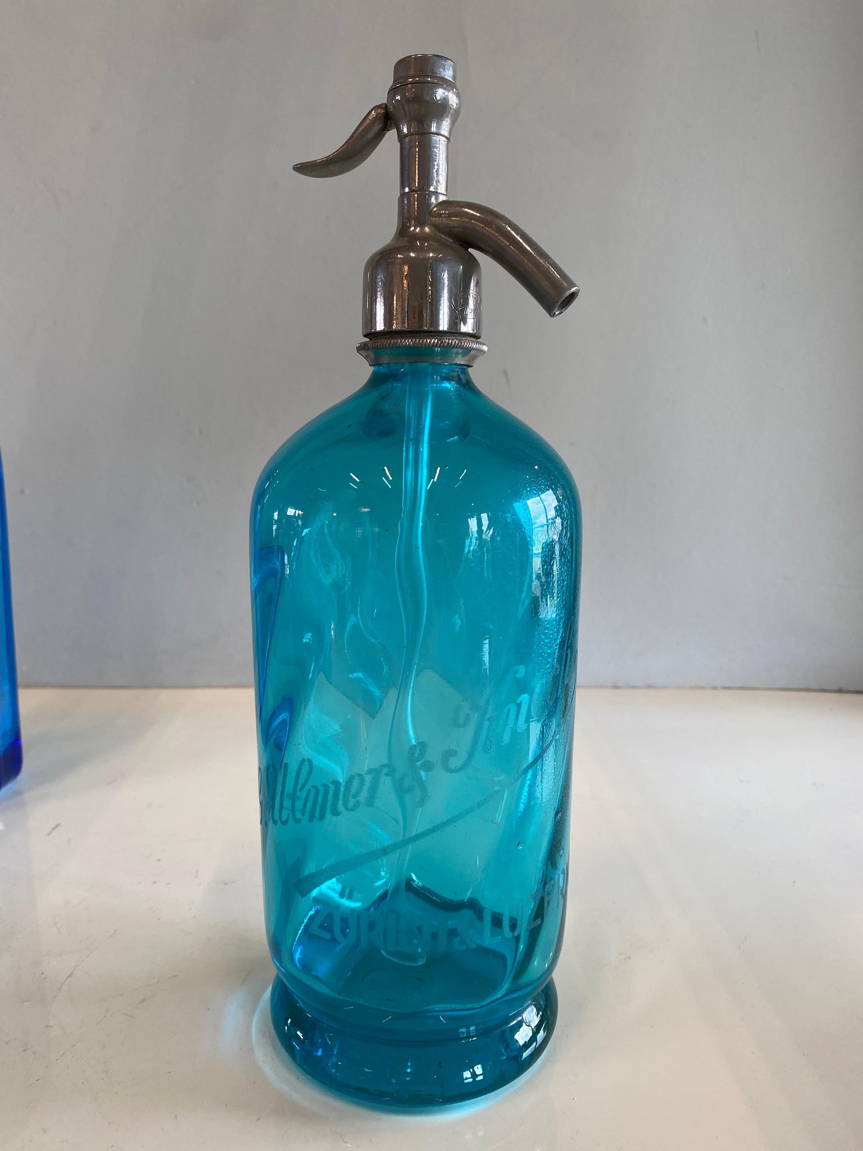 Art Nouveau Seltzer Soda Syphon Bottles Set, Blue Glass, Turquoise Glass For Sale 5