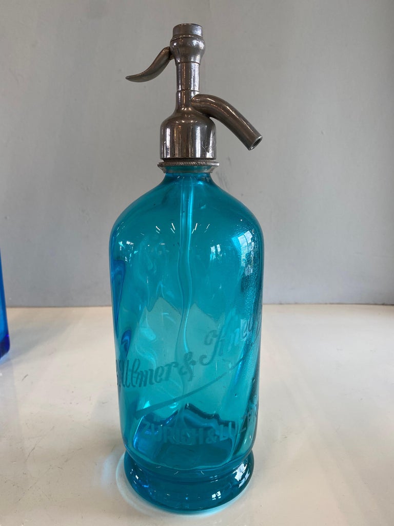 Art Nouveau Seltzer Soda Syphon Bottles Set, Blue Glass