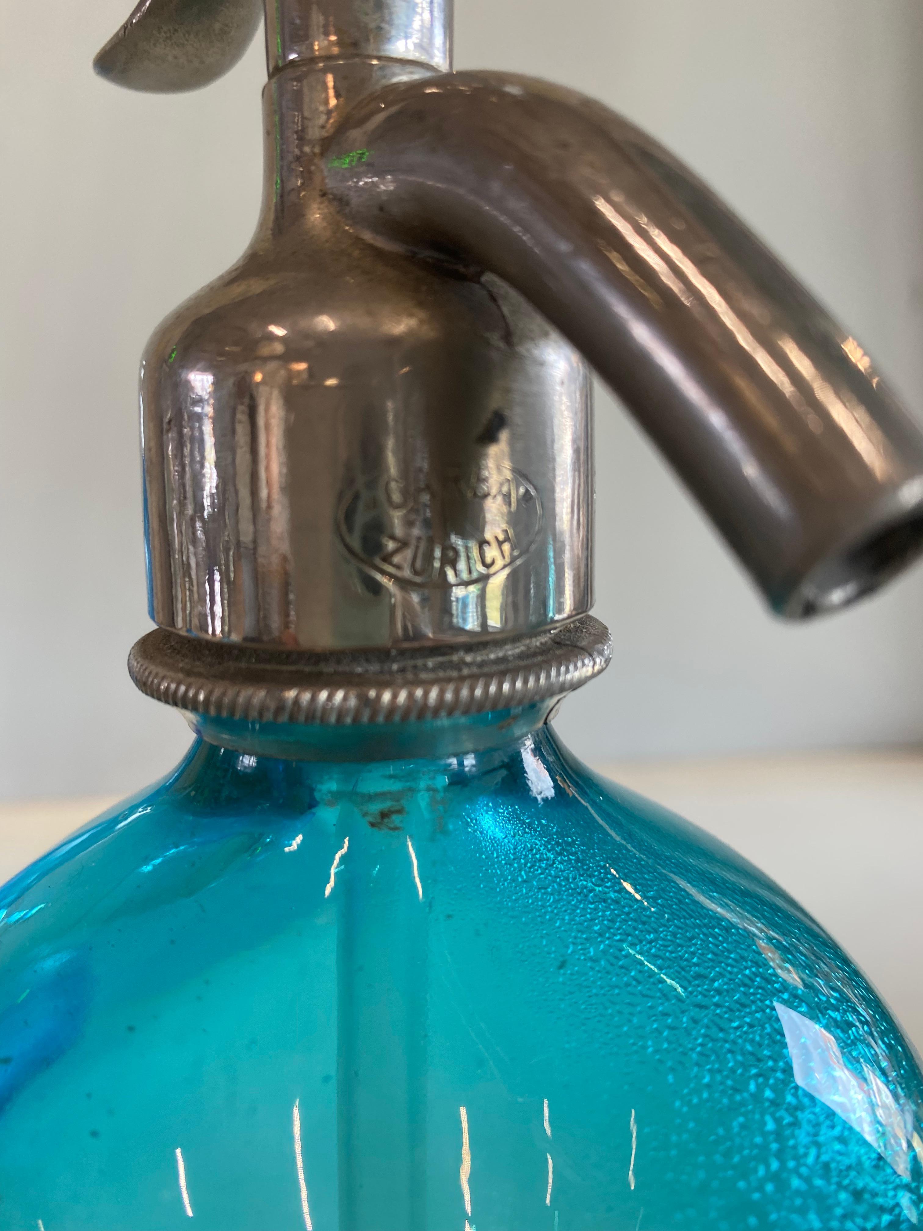 Art Nouveau Seltzer Soda Syphon Bottles Set, Blue Glass, Turquoise Glass For Sale 7