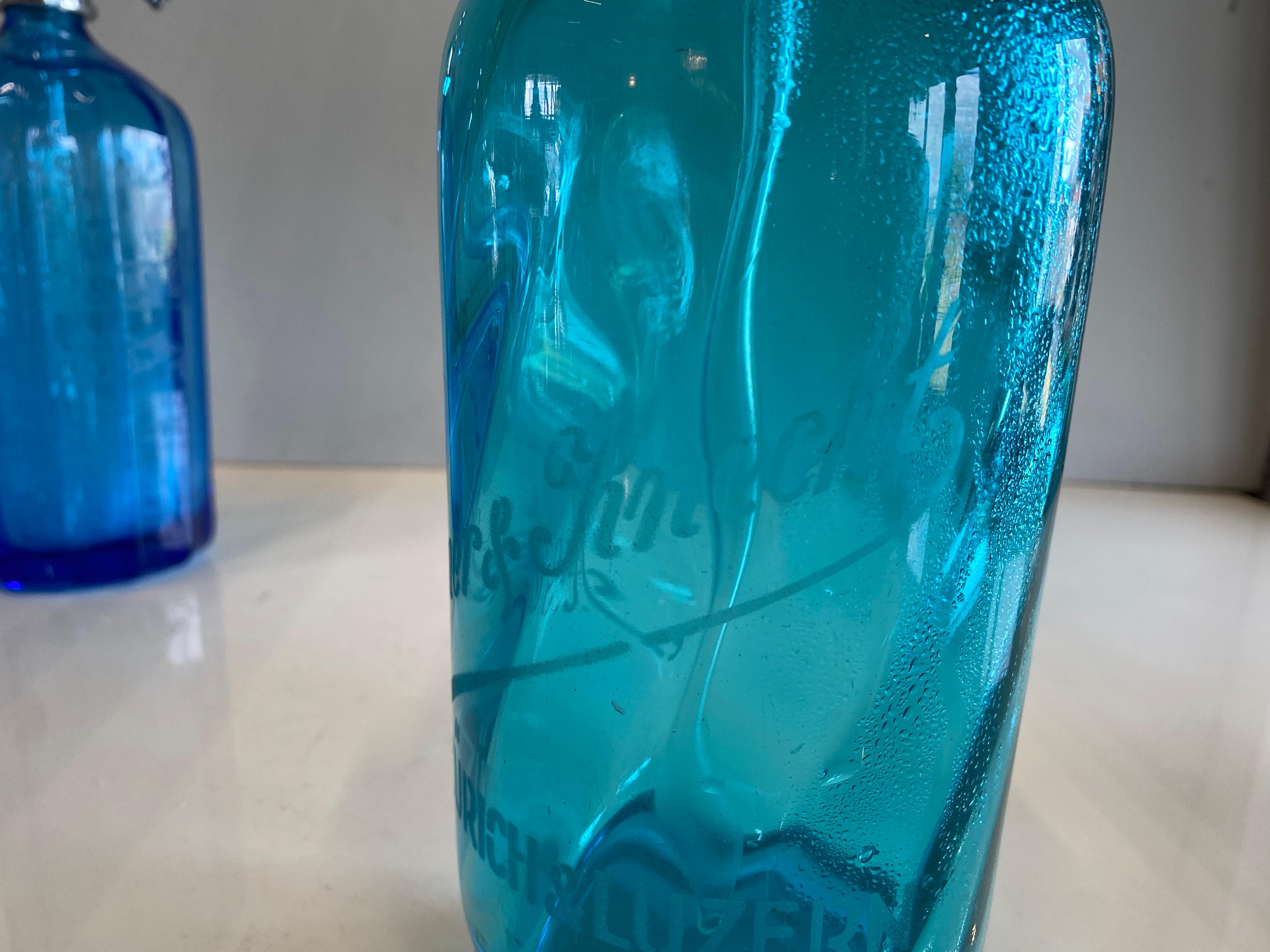 Art Nouveau Seltzer Soda Syphon Bottles Set, Blue Glass, Turquoise Glass For Sale 9