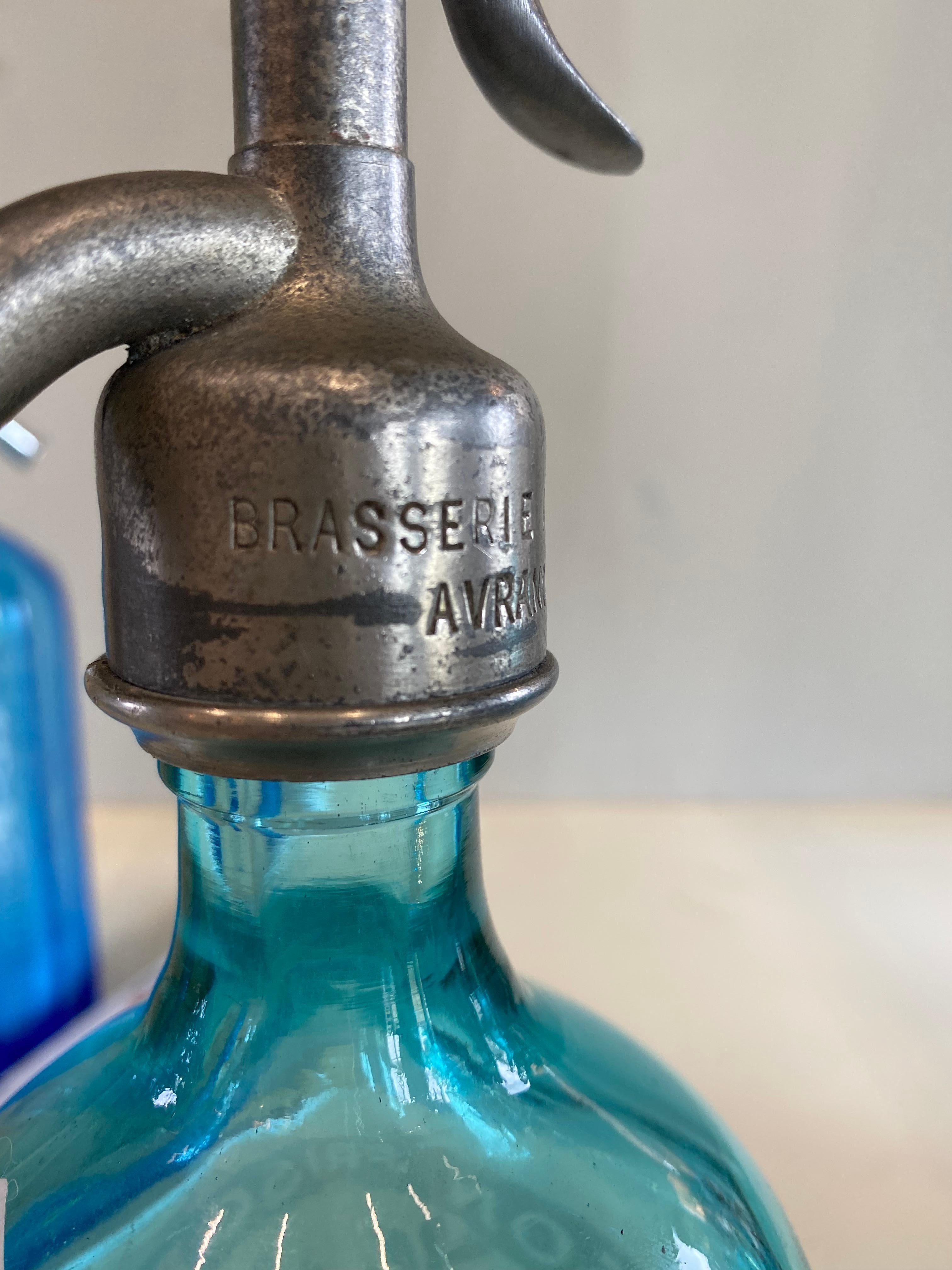 Art Nouveau Seltzer Soda Syphon Bottles Set, Blue Glass, Turquoise Glass For Sale 10