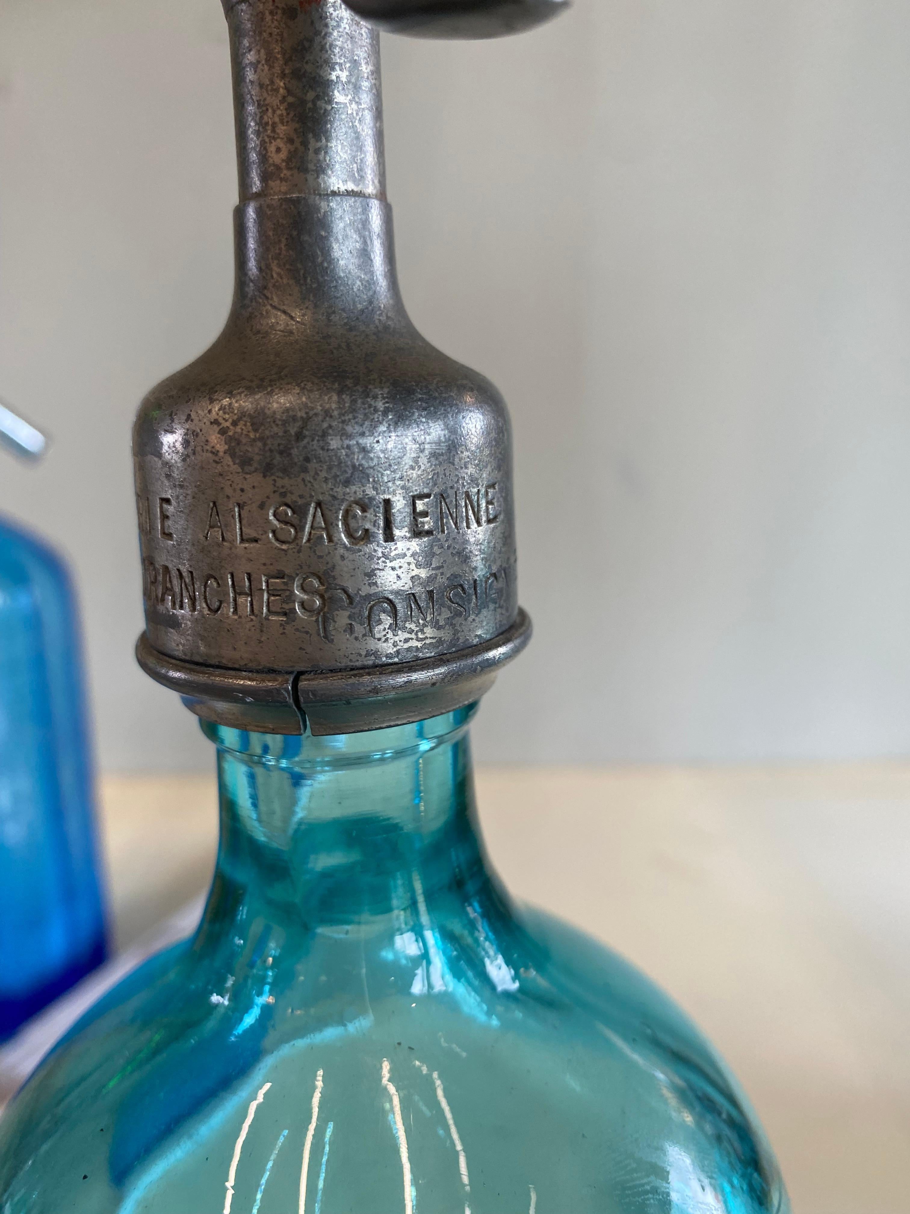 Art Nouveau Seltzer Soda Syphon Bottles Set, Blue Glass, Turquoise Glass For Sale 11