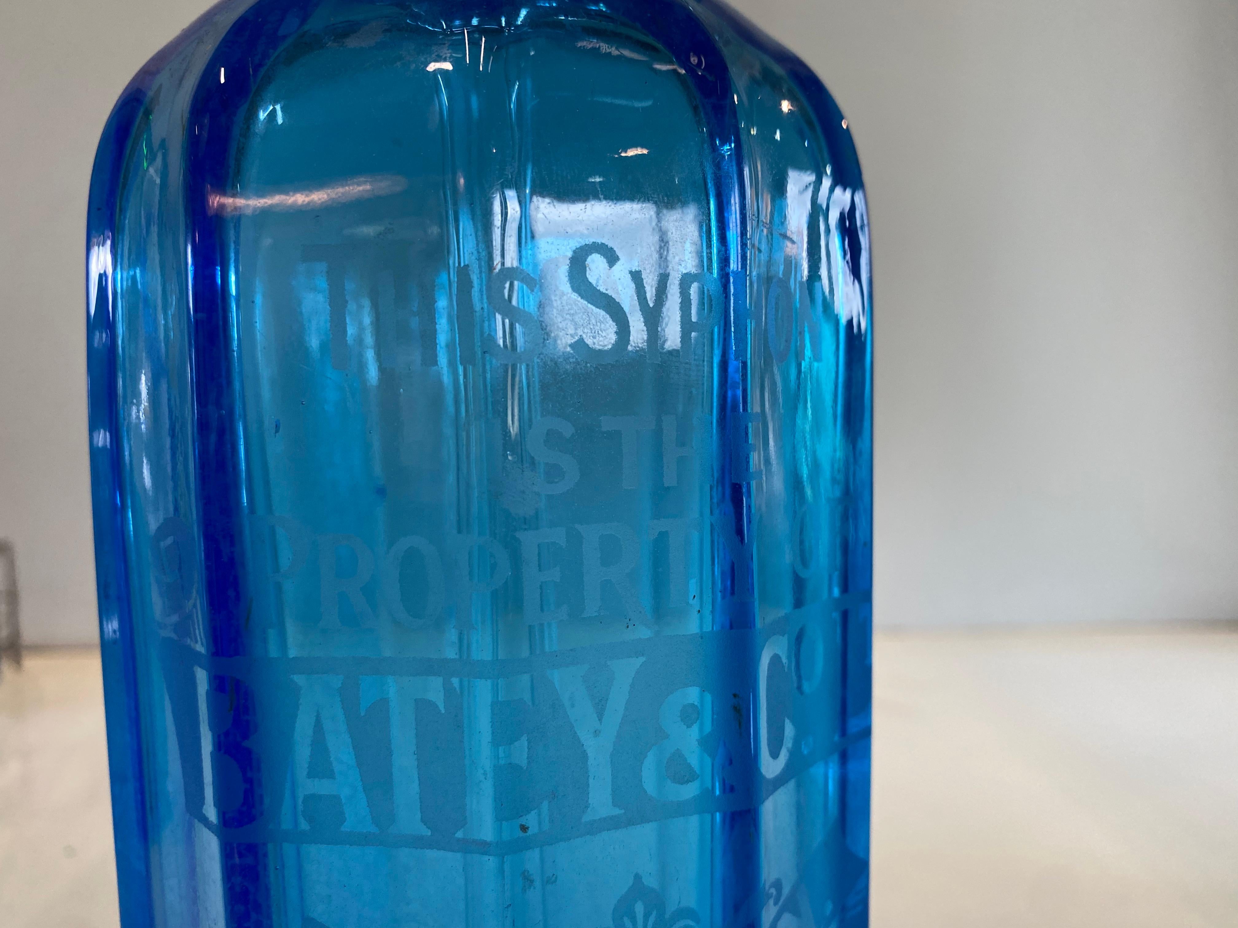 French Art Nouveau Seltzer Soda Syphon Bottles Set, Blue Glass, Turquoise Glass For Sale