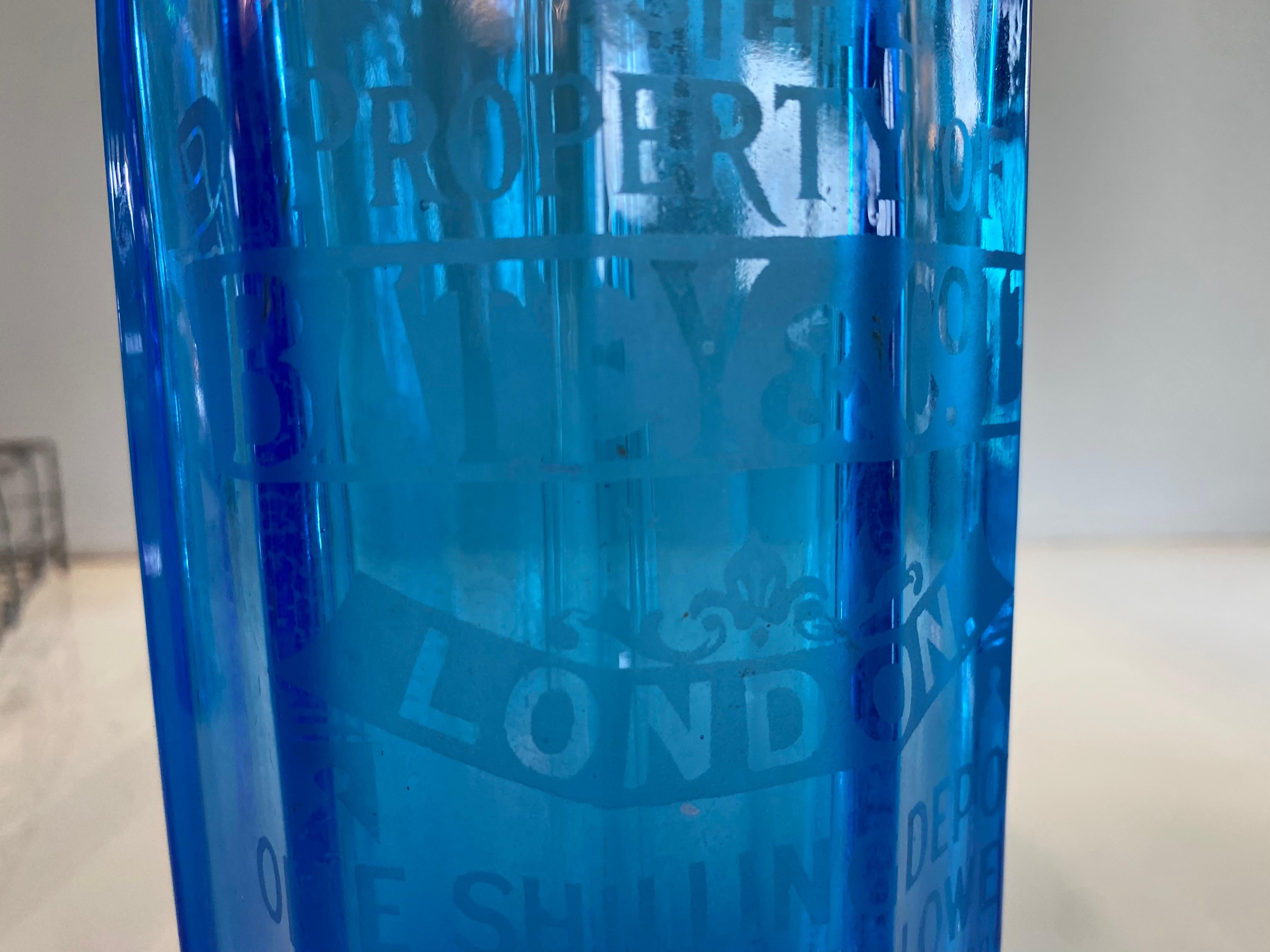 20th Century Art Nouveau Seltzer Soda Syphon Bottles Set, Blue Glass, Turquoise Glass For Sale