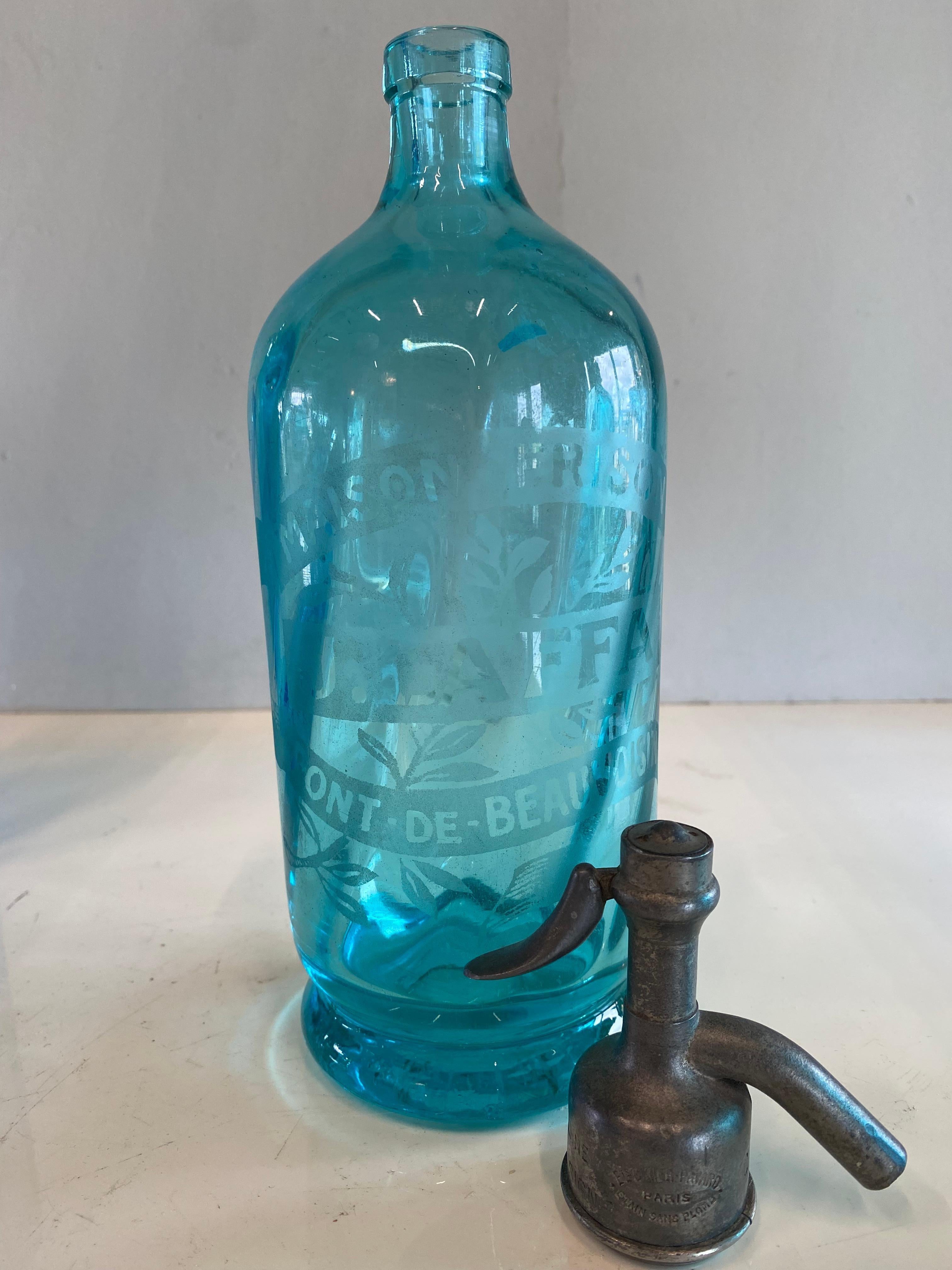 Lead Art Nouveau Seltzer Soda Syphon Bottles Set, Blue Glass, Turquoise Glass For Sale
