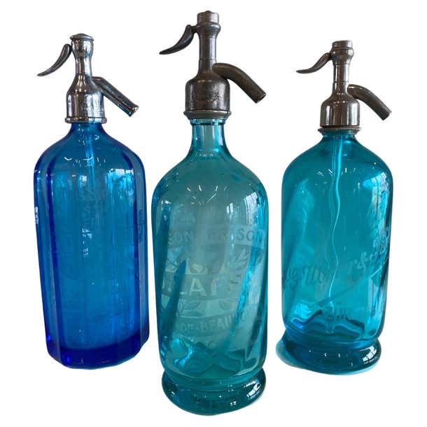 Art Nouveau Seltzer Soda Syphon Bottles Set, Blue Glass, Turquoise ...