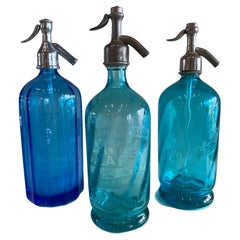 Art Nouveau Seltzer Soda Syphon Bottles Set, Blue Glass, Turquoise Glass