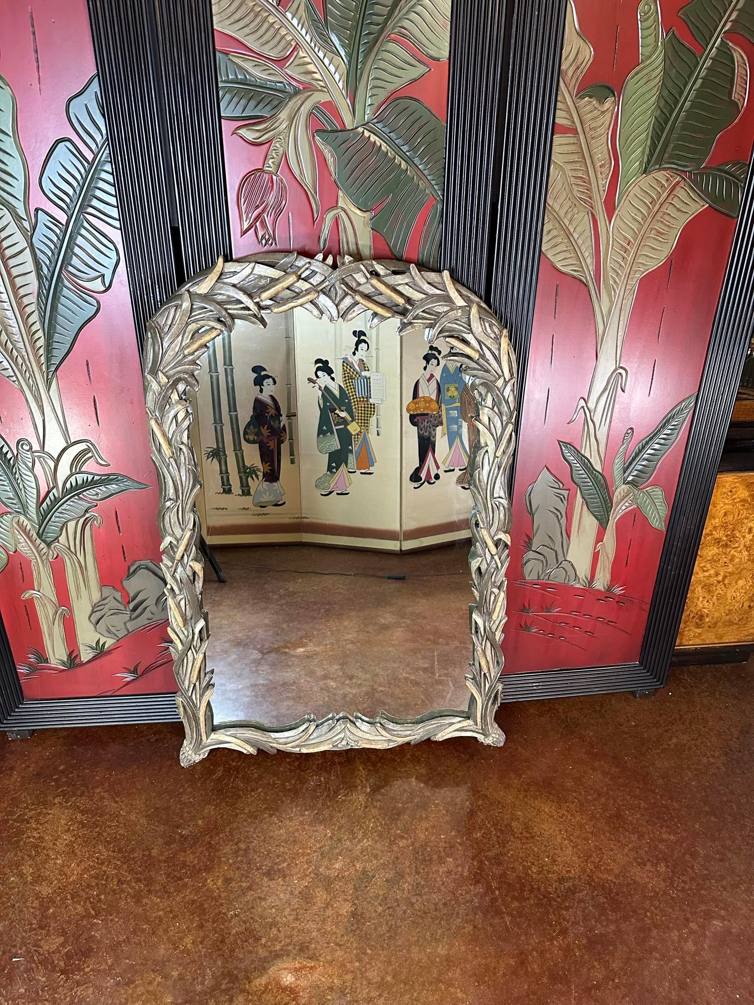 Free shipping in the continental United States.

Hollywood regency. 
Palm Beach regency. 
Art nouveau. 
Hand carved.
Botanical motif.
Hand painted in two colors.
Very similar colors, but very complimentary. 
Wheat, or willows intricately carved,