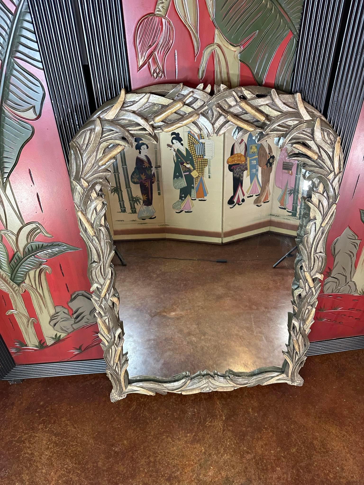 Carved Art Nouveau Serge Roche Palm Beach Style Faux Bois Wall or Mantle Mirror For Sale