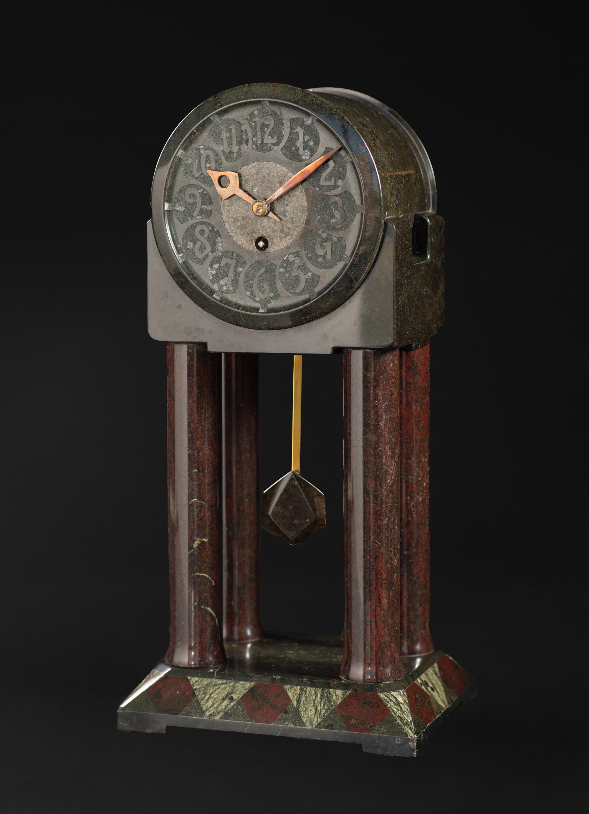 German Art Nouveau Serpentine Stone Pendulum Clock by Albin Müller For Sale