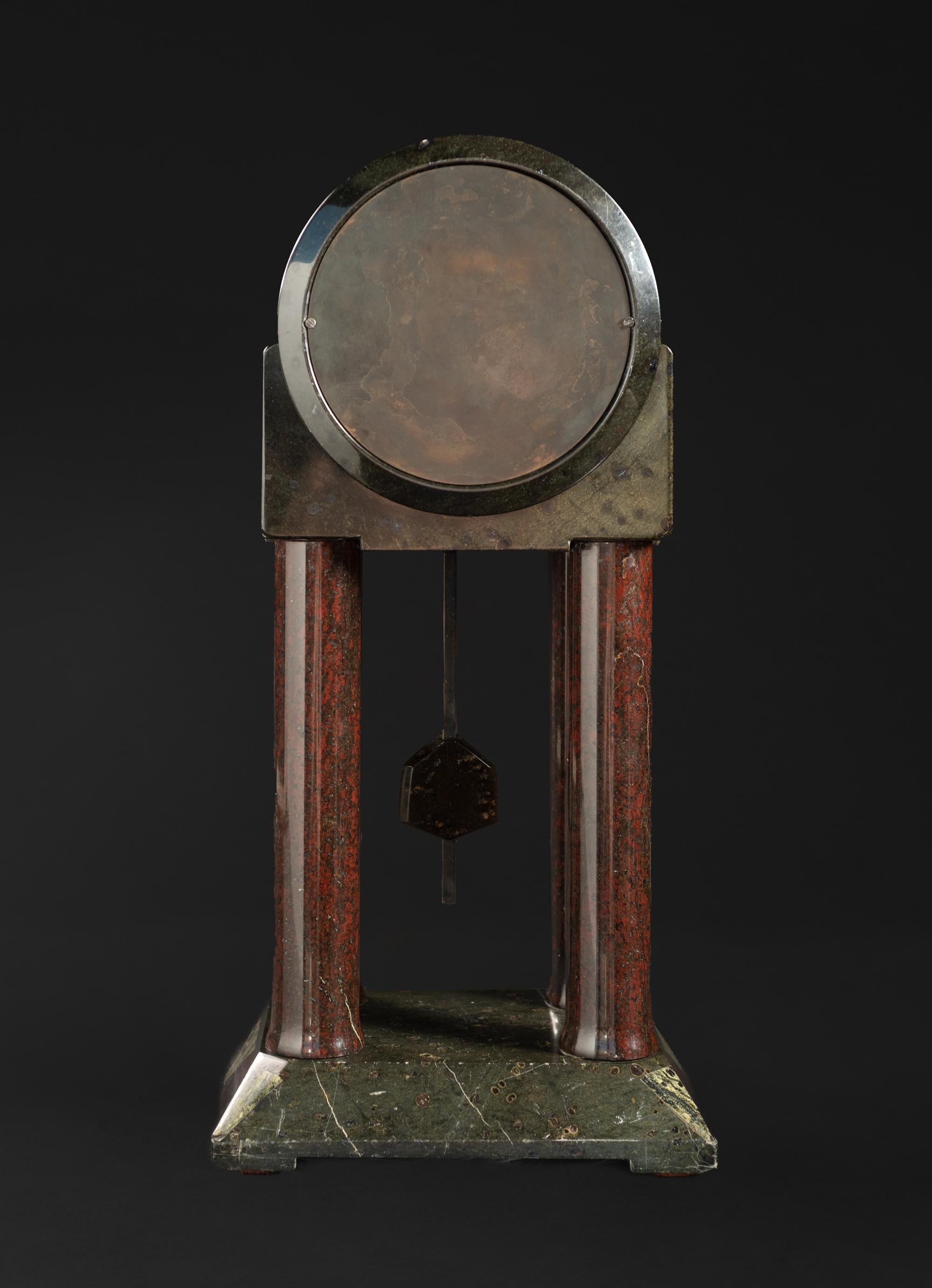 Metal Art Nouveau Serpentine Stone Pendulum Clock by Albin Müller For Sale