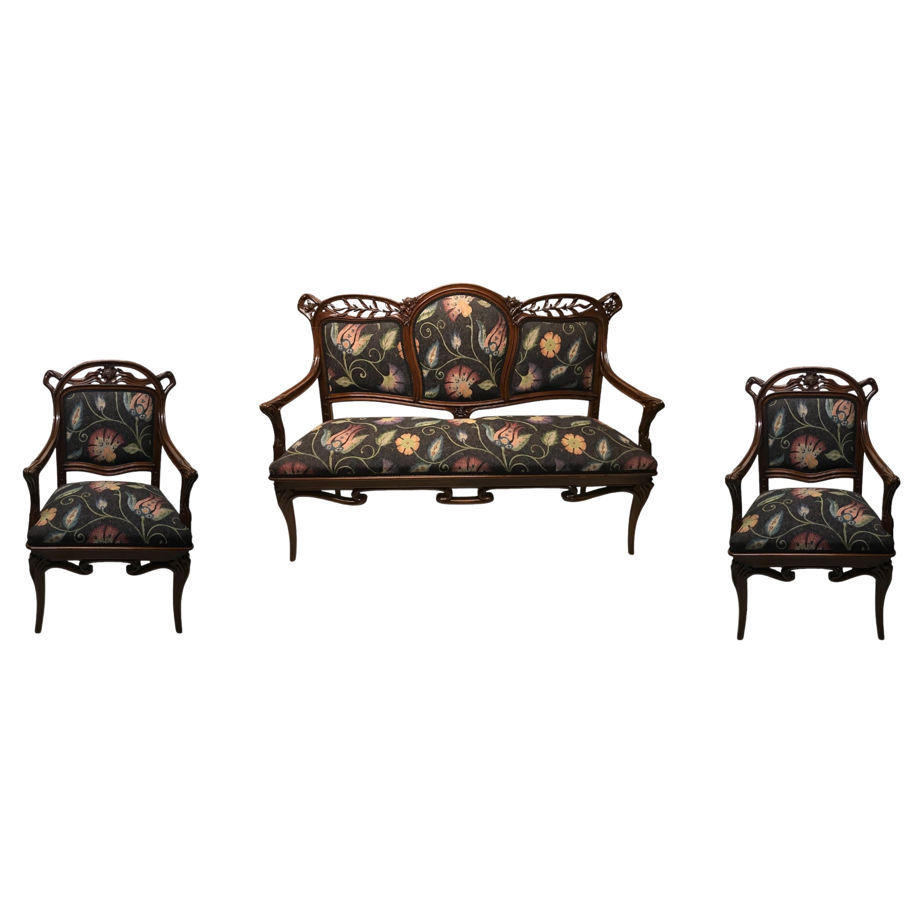 Ensemble Art Nouveau, 1 canapé, 2 fauteuils, 1900, France en vente