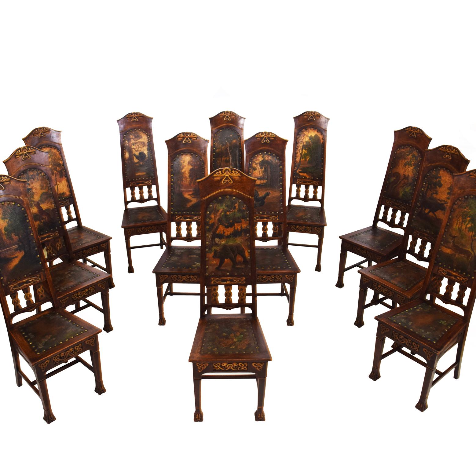 This is an extraordinary set of 12 Art Nouveaux dining chairs from Sweden, in solid oak, covered in hand-painted leather each one featuring a different animal in a natural setting on front and back. The leather is in excellent original condition and