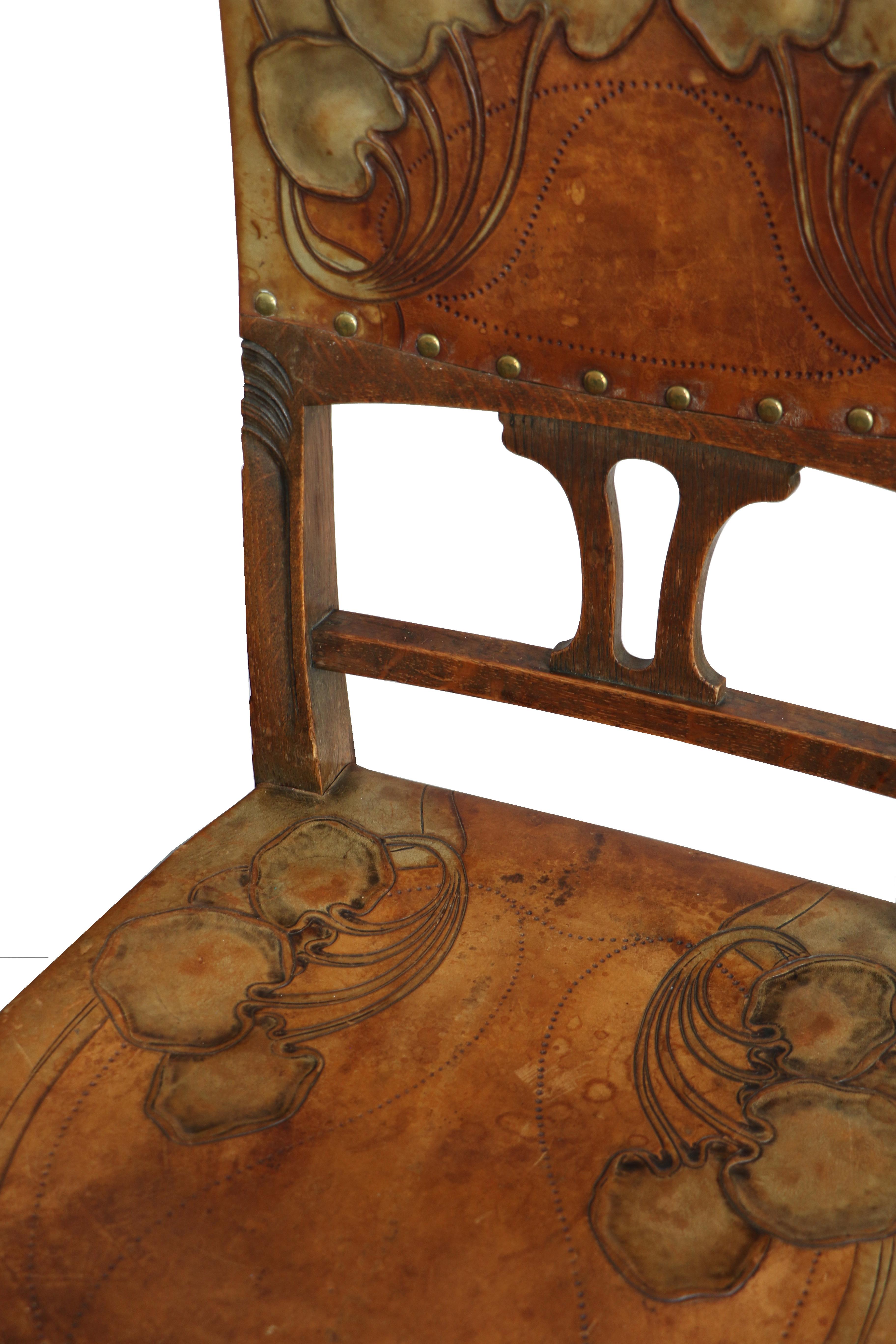 ceptional Set of Six Viennese Art Nouveau Solid Oak Chairs – Vienna, circa 1910

We are pleased to present an exquisite set of six original Viennese Art Nouveau chairs, crafted in solid oak around 1910. These chairs are a testament to the refined