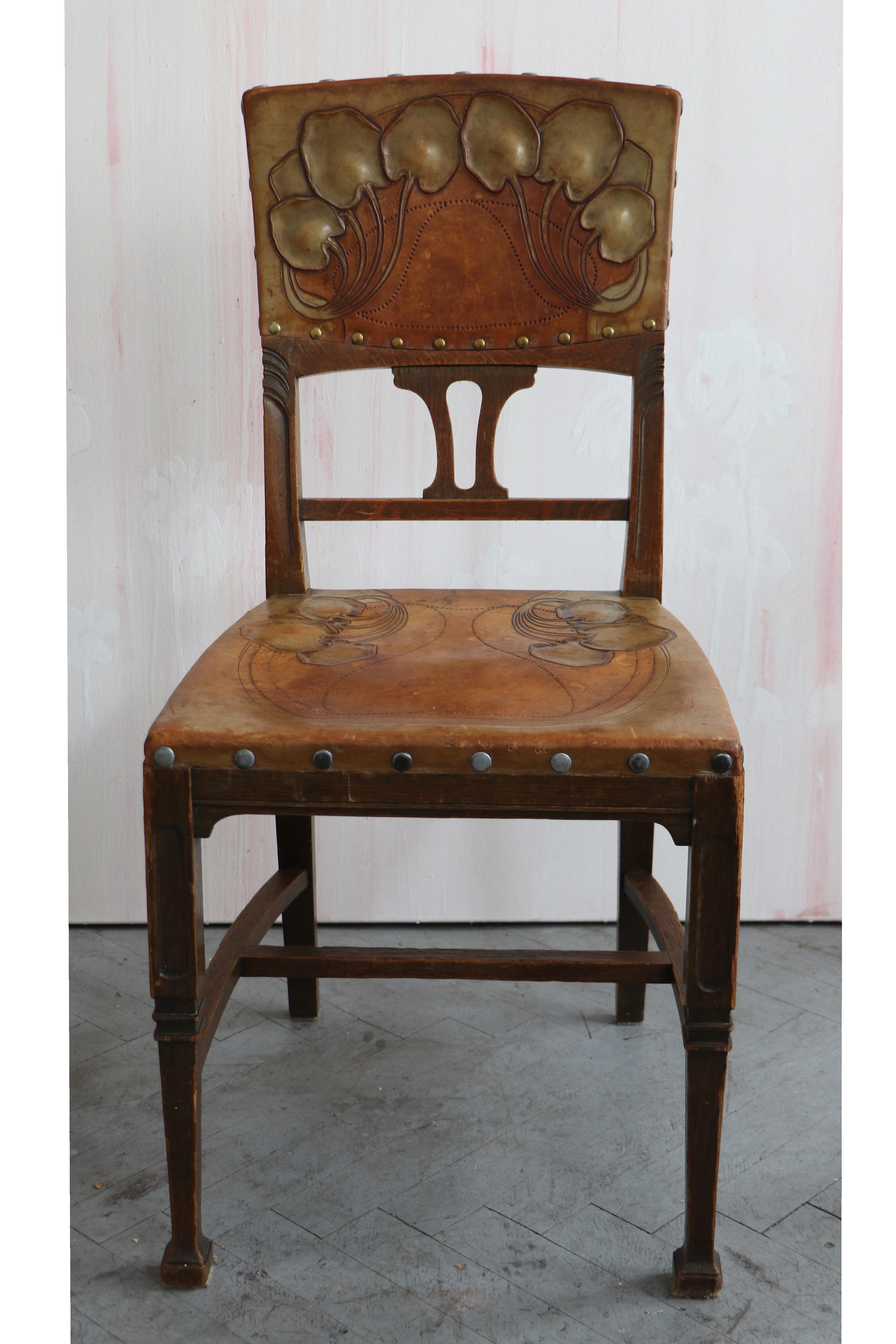 Leather Art Nouveau Set of Six Chairs in Solid Oak. Vienna, c. 1910. For Sale