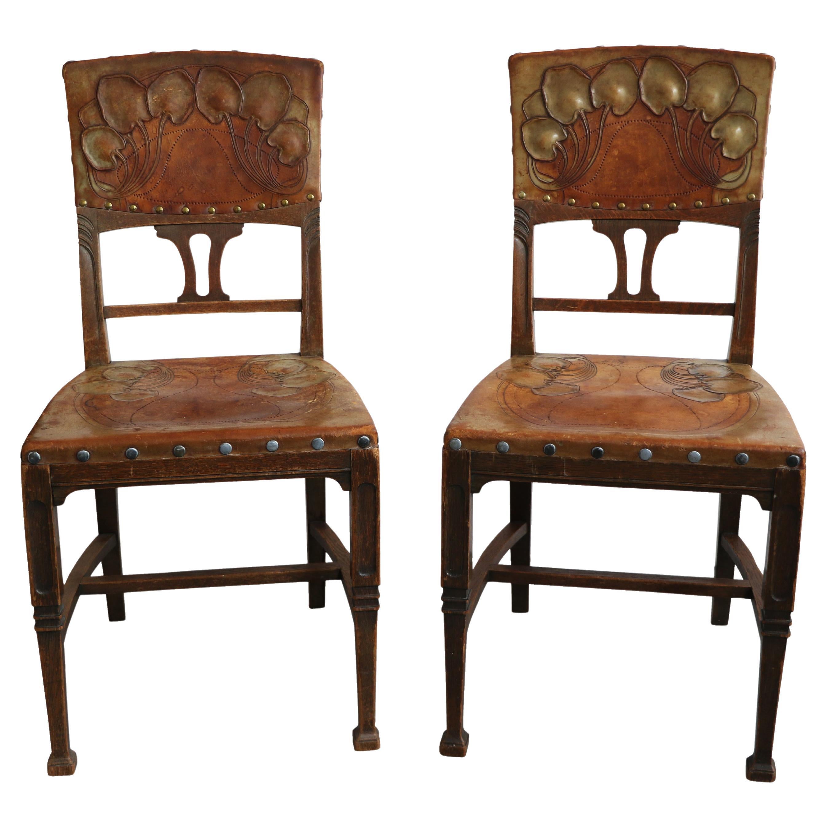 Art Nouveau Set of Six Chairs in Solid Oak. Vienna, c. 1910. For Sale