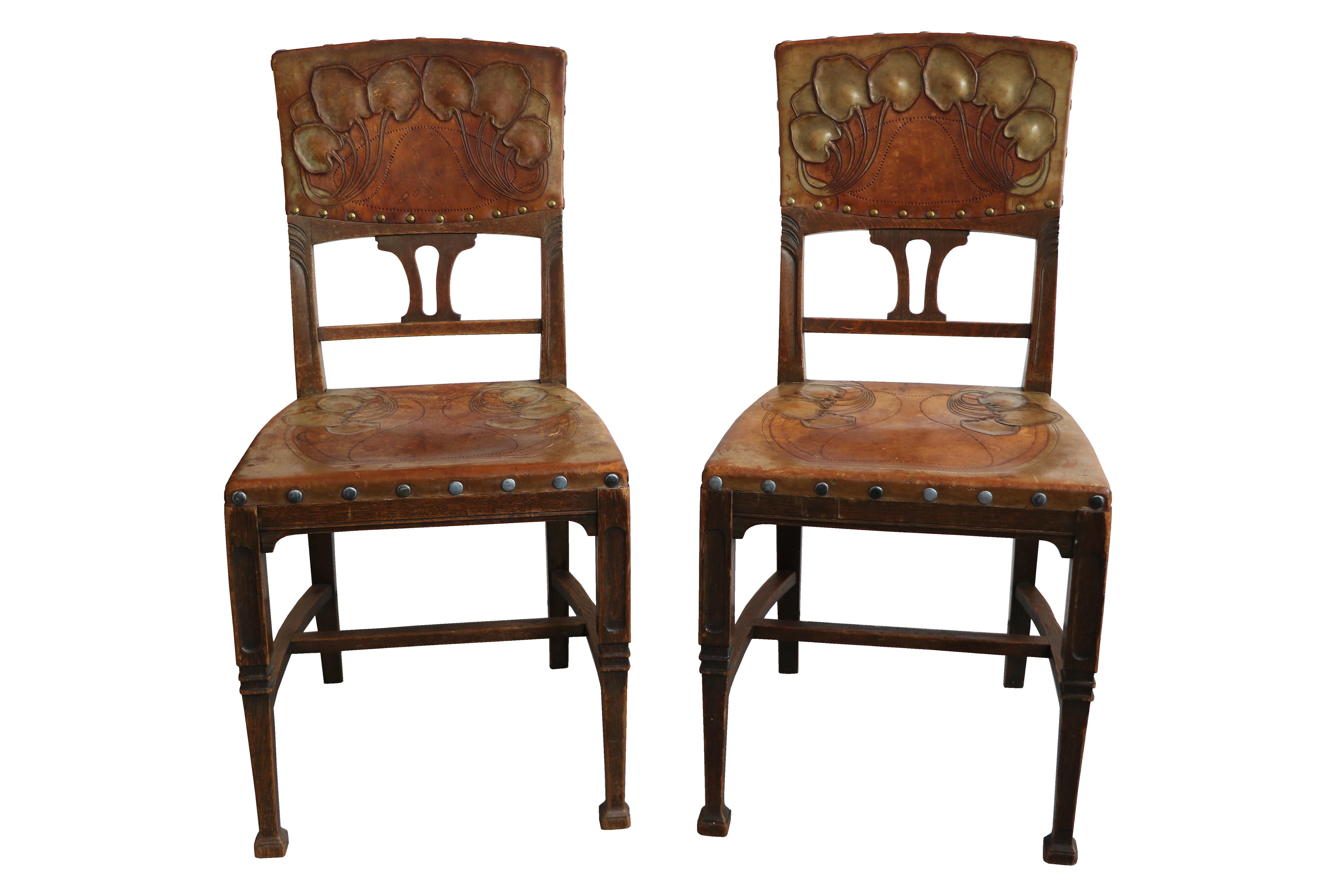 Polished Art Nouveau Set of Six Chairs in Solid Oak. Vienna, c. 1910. For Sale
