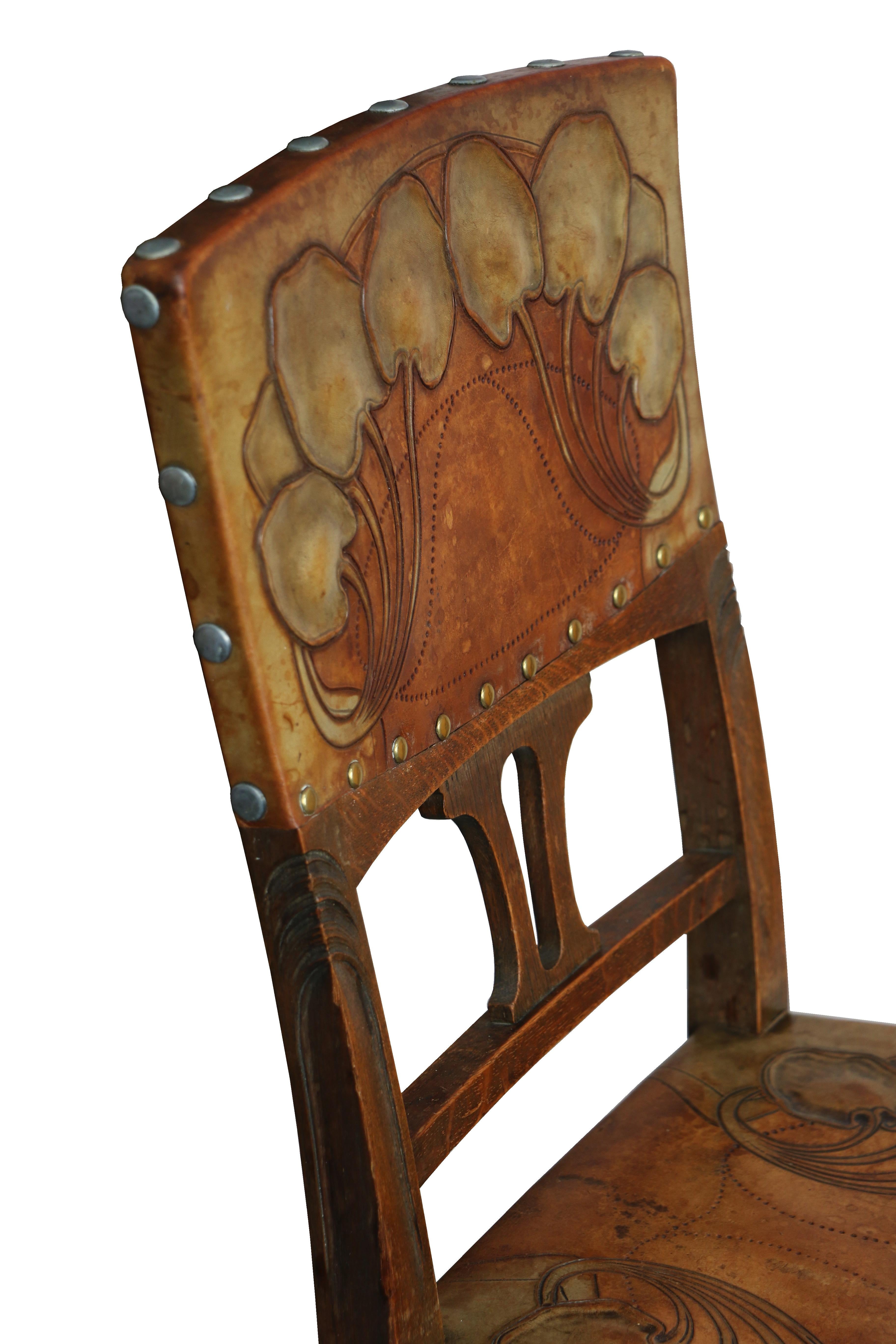 Leather Art Nouveau Set of Six Chairs in Solid Oak. Vienna, c. 1910. For Sale