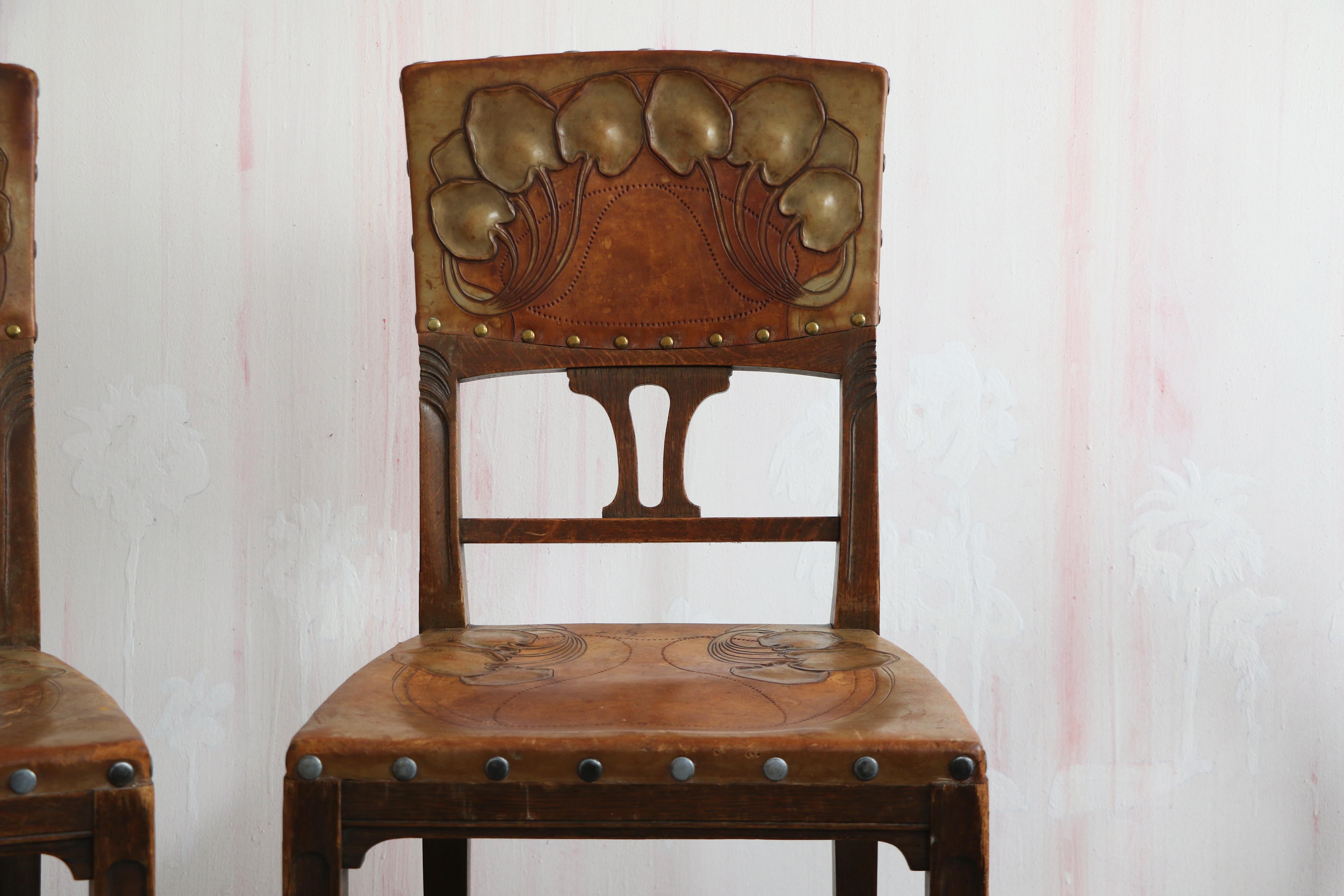 Polished Art Nouveau Set of Twelve Chairs in Solid Oak. Vienna, Circa 1910. For Sale